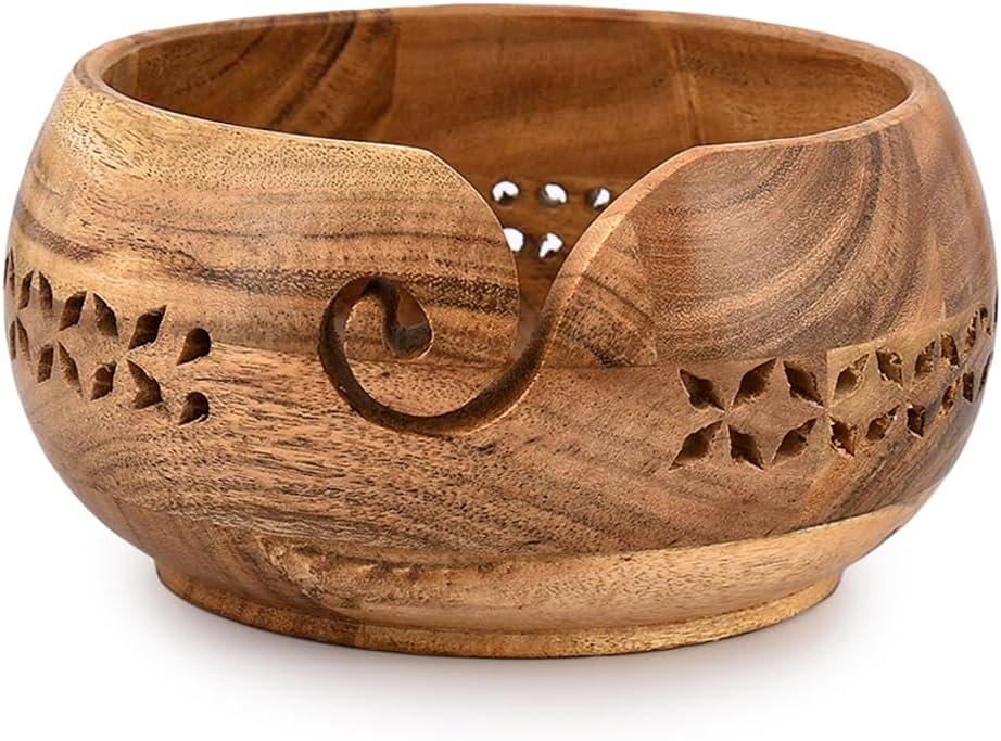 SAMHITA Acacia Wood Yarn Bowl Holder |Handmade Crocheting Accessories and Supplies Organizer (7″ x 7″ x 4″)