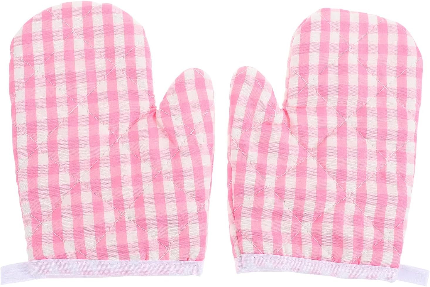 DOITOOL 2Pcs Kids Oven Mitts for Children Play Kitchen, Microwave Oven Gloves Kitchen Baking Mitts, Red Checkered Heat Resistant s for Safe Backing Cooking BBQ (Pink Checkered)