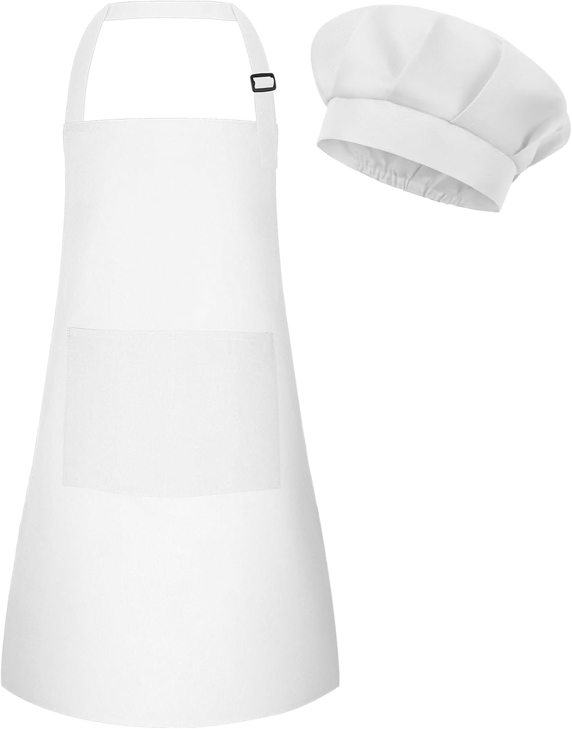 Kids Apron and Chef Hat Set – Adjustable Chef Apron with 2 Pockets – Toddler Chef Hat and Apron for Cooking Baking Painting (White, Small)