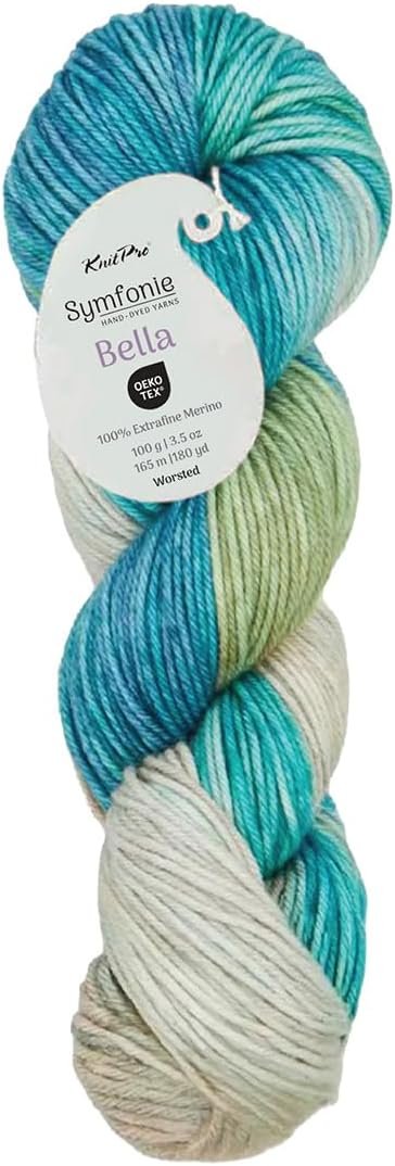 KnitPro Symfonie Hand Dyed Premium Yarn | 100% Extra Fine Merino Wool for Knitting & Crocheting, Worsted Weight, Oeko-TEX Certified, Colorfast Fiber 165m, 100g Skein | Bella Variegated Sandy Sea