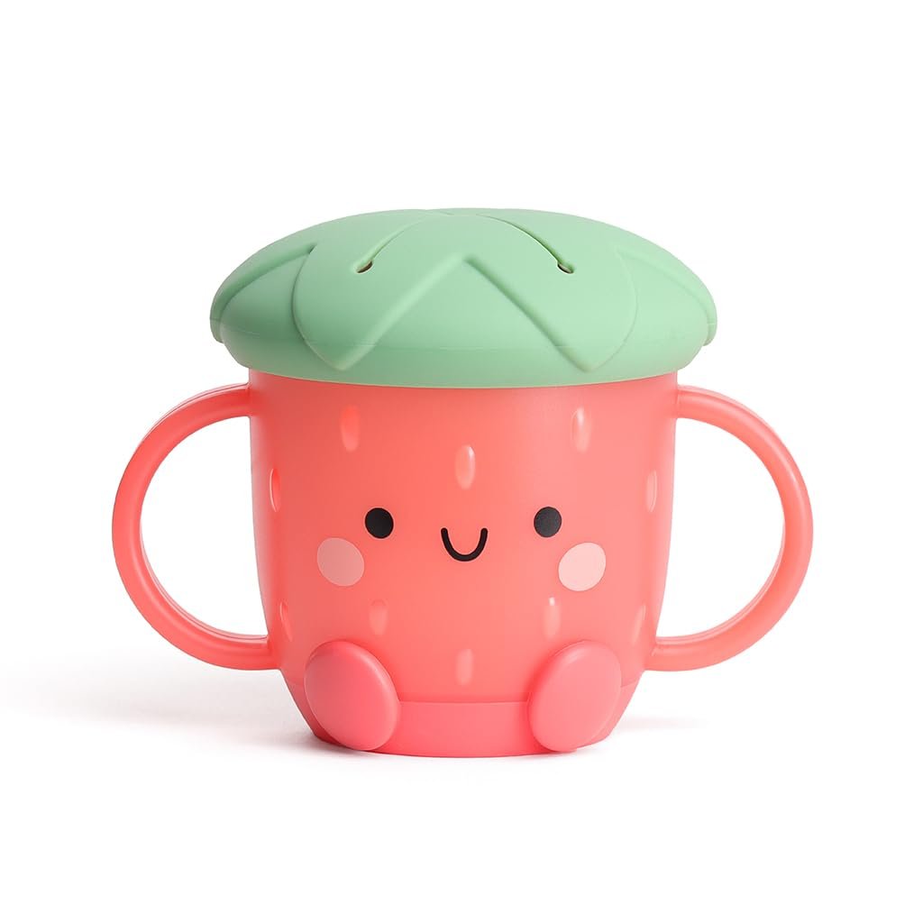Itzy Ritzy Toddler Snack Cup – Spill-Proof Snack Cup for Toddlers with Soft Silicone Lid for Easy Food Access – Easy-To-Hold Kids Snacks Container With Handles – Ideal for 12 months & Up (Strawberry)