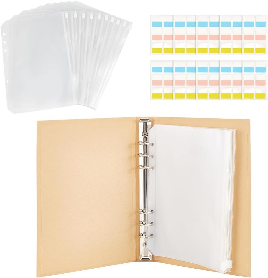 PH PandaHall 9.1×6.7” Knitting Needles Holder Case Set Rectangle Knitting Needles Storage 1pc Retro Kraft Cover 24pcs Binder Pockets and 60pcs Label Paper Stickers for Collecting Sorting