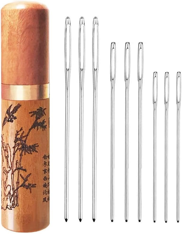 Large Eye Blunt Needles, Stainless Steel Tapestry Needle, Yarn Knitting Needles, Darning Needle with Wooden Needle Case Carving Pattern