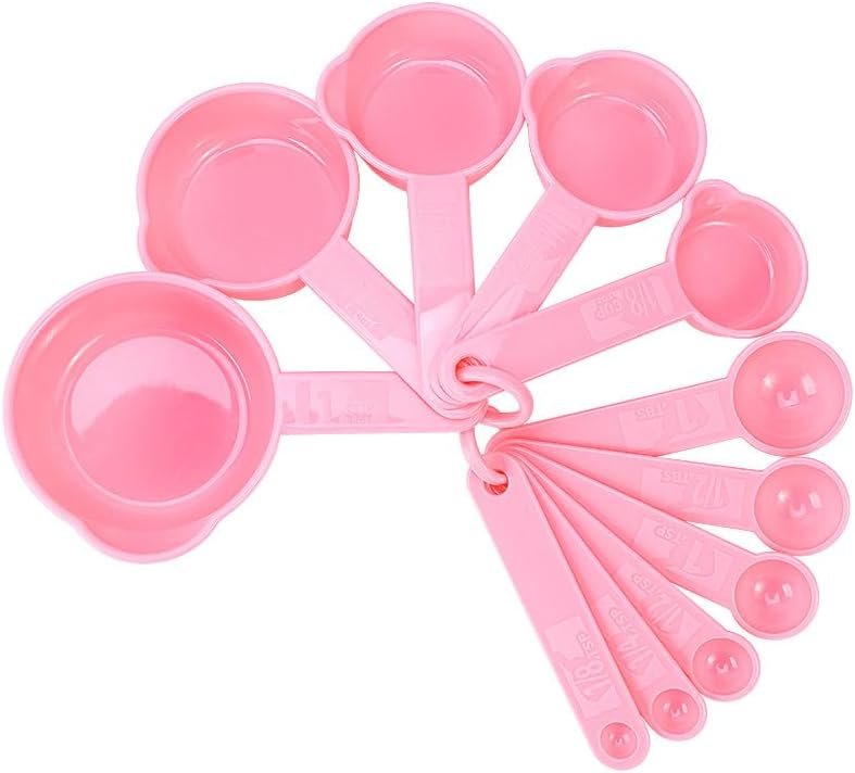 Pink Measuring Cups and Spoons Set, Plastic Measuring Cups and Spoons Set for Baking & Kitchen, Metric & US 5 Measure Cup and 6 Measure Spoon for Kids