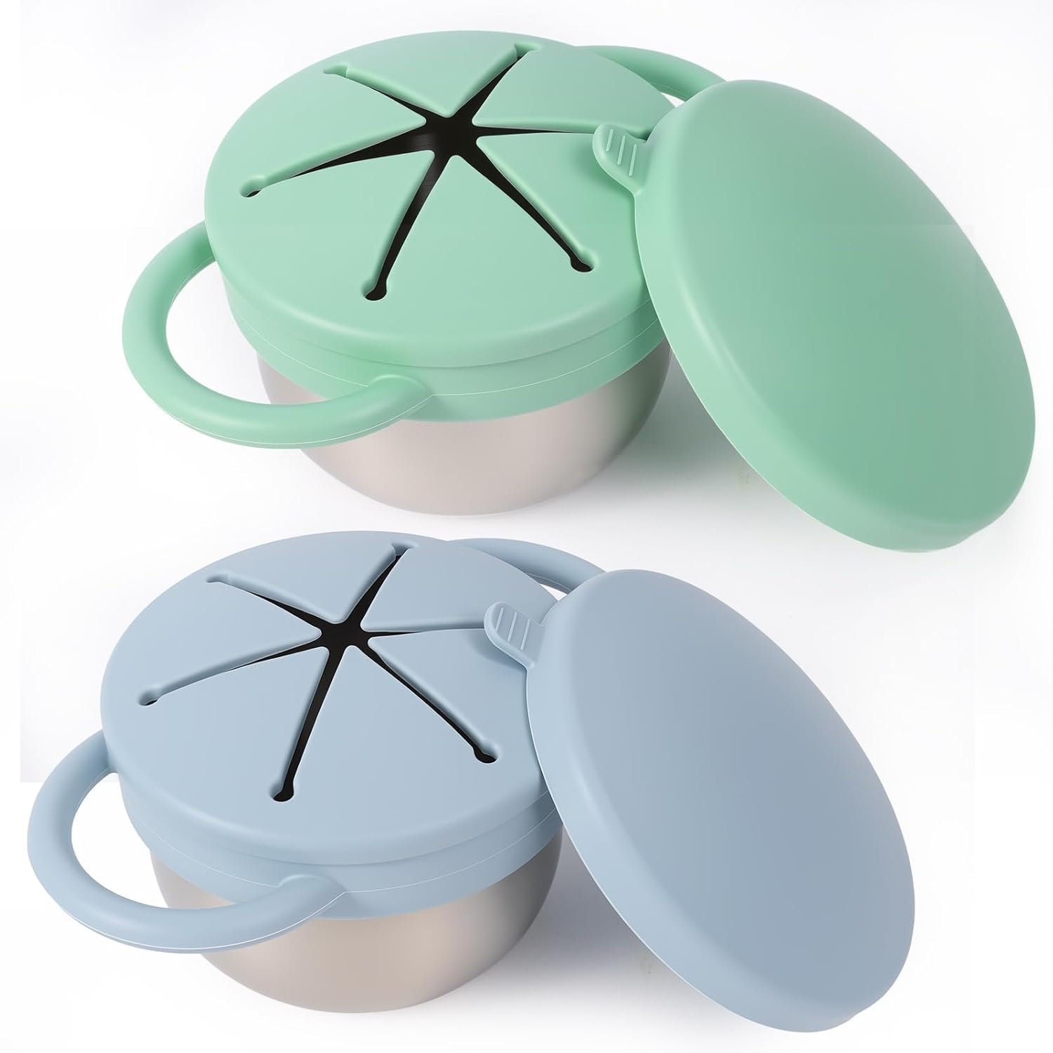 2 Pack Stainless Steel Spill Proof Snack Cup for Baby Toddlers Kids, with Silicone Food Catcher, Travel Lid, Spill-Proof Bowl Containers, Toddlers Essentials, Non Toxic BPA Free