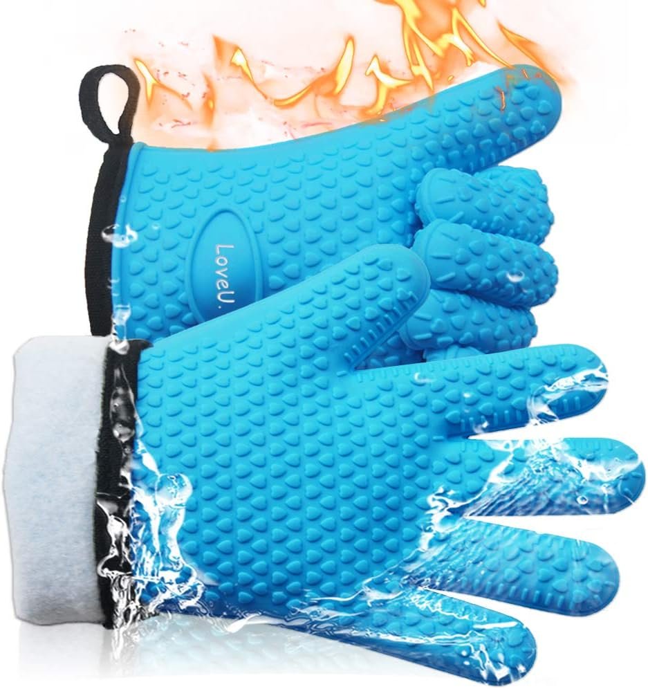 Kitchen Oven Gloves – Dual-Layer Heat Resistant Grilling Gloves, Silicone Oven Mitts with 5 Fingers, Waterproof Non-Slip Pot Holder for Barbecue, Cooking, Baking (Blue)