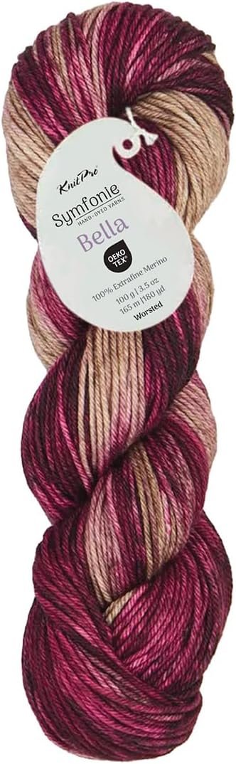 KnitPro Symfonie Hand Dyed Premium Yarn | 100% Extra Fine Merino Wool for Knitting & Crocheting, Worsted Weight, Oeko-TEX Certified, Colorfast Fiber 165m, 100g Skein | Bella Variegated Cafe Rose
