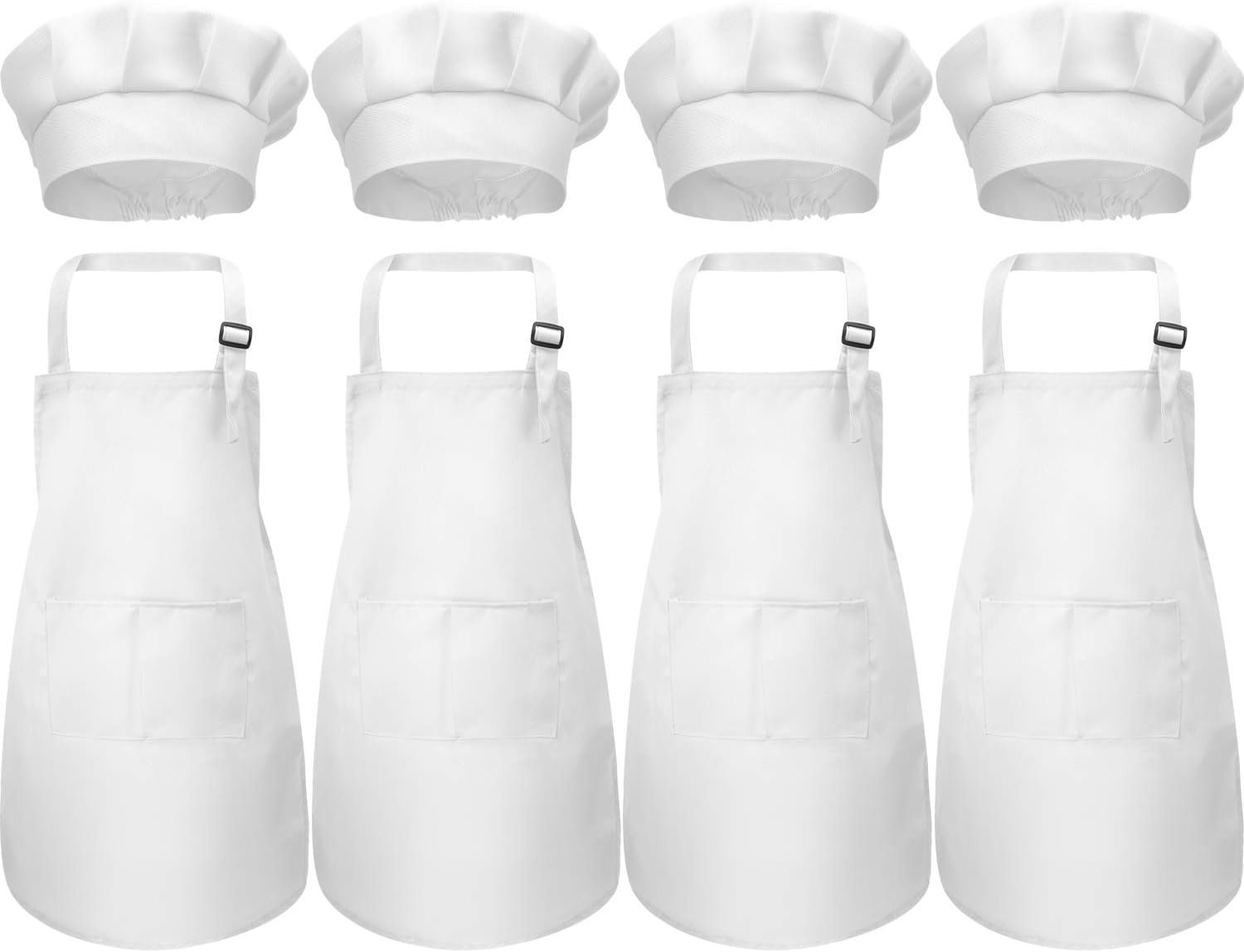 CHENGU 8 Pcs Kids Apron and Chef Hat Set Child Aprons 2 Pocket for Boy Girl Toddler Cooking Painting(White,Small, Ages 2-6)