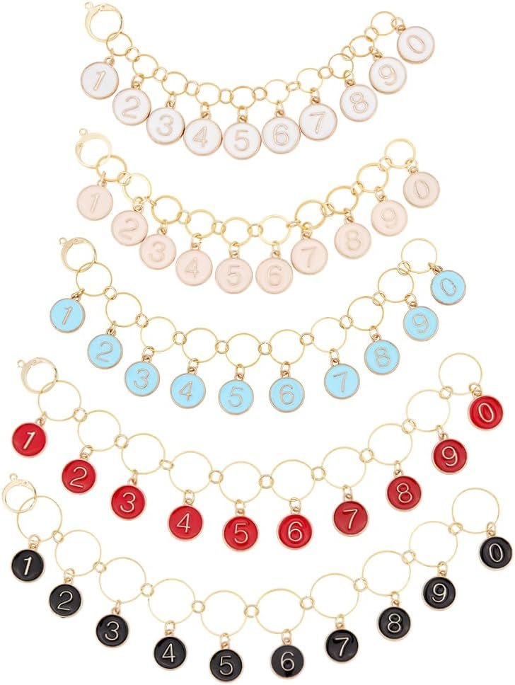 BENECREAT 5 Pcs 5 Styles Alloy Enamel Number 0~9 Knitting Row Counter Chain, Brass Link Knitting Row Counter Stitch Markers Row Counting for Knitting Weaving Sewing Accessories