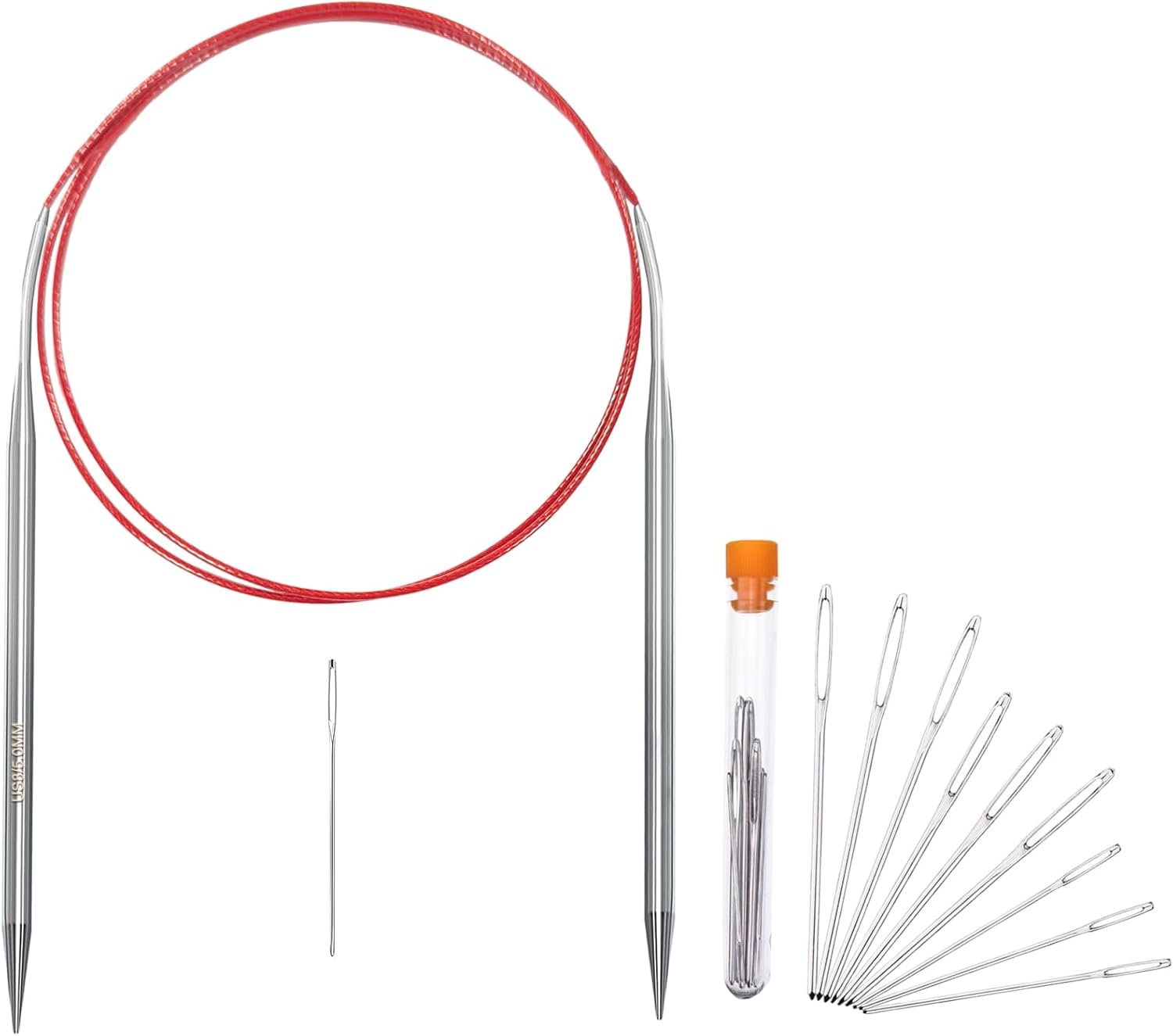 Size 8/5mm Circular Knitting Needles,40 Inch/100cm Knitting Needles for Beginners,Metal Round Knitting Needle Set with 9 Yarn Needle (Red, 40-inch-US-8(5mm))