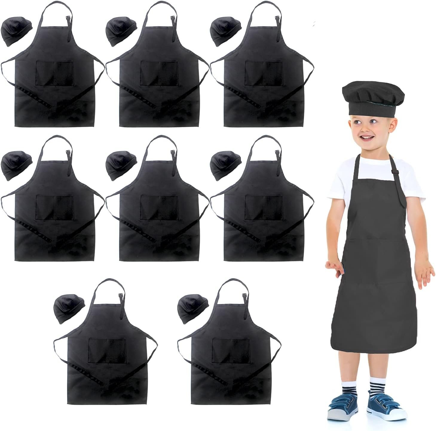 Toal 16 Pieces Kids Children Black Aprons Chef Hat, Kids Chef Kitchen Adjustable Bib Aprons with 2 Pockets for Girls Boys Painting Cooking Baking Wear(Black,8sets)