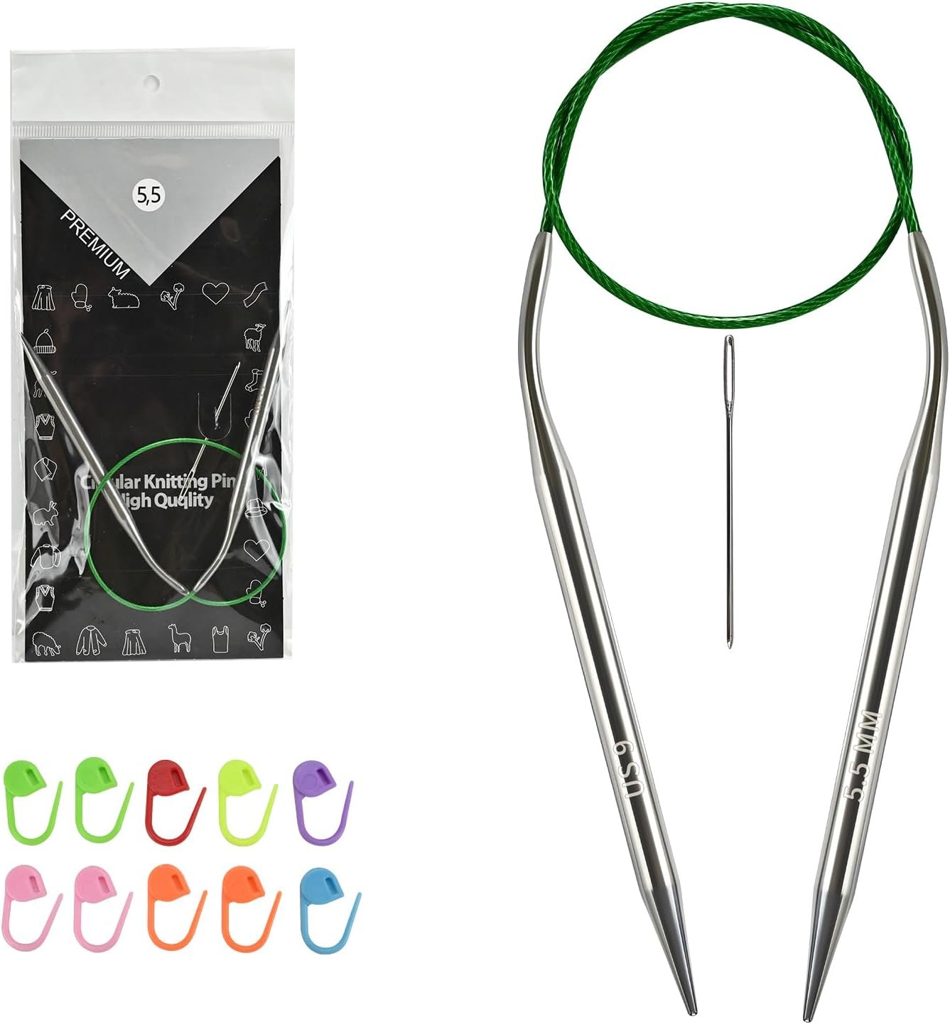 Circular Knitting Needles US Size 9 (5.5 mm) 16 inches (40 cm), Includes 10 Stitch Markers; Perfect for Knitting Sleeves, Socks, and Baby Booties