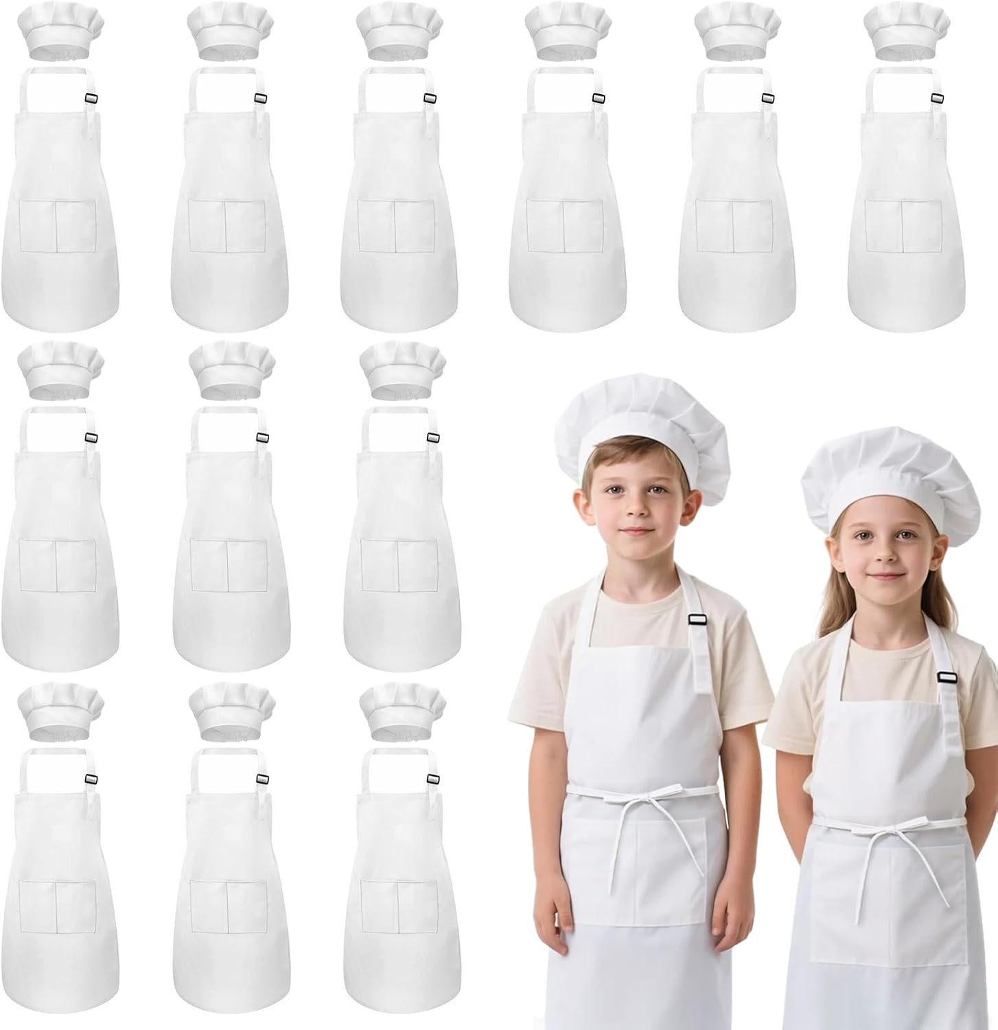 Kids Apron and Chef Hat Set, 24 Pieces Boys Girls Kids Apron with 2 Pockets Adjustable for Cooking Classroom Baking Painting, 6-13 Years, White