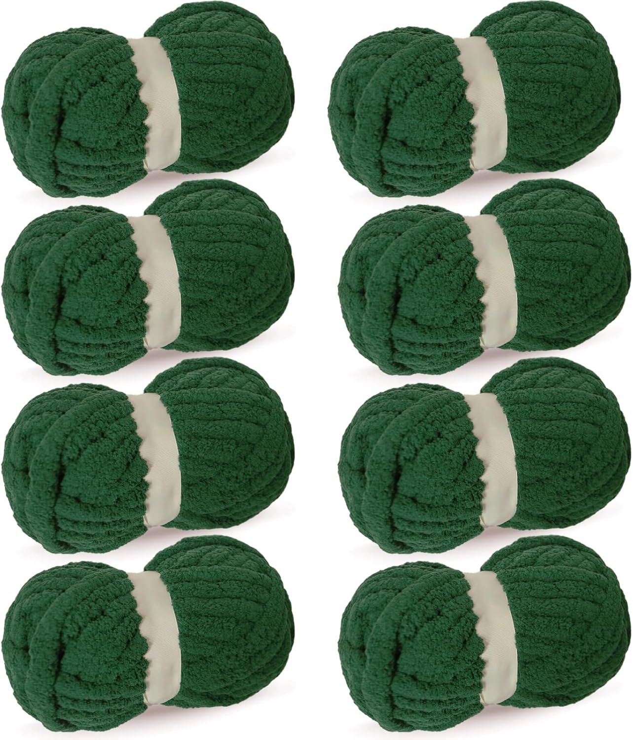 Dark Green Chunky Chenille Yarn for Crocheting/Knitting, Super Bulky Hand Blanket, Soft Plush Yarn for Carpet/Scarf/Cushion, 8 Jumbo Pack (63.76oz/197.68yd)