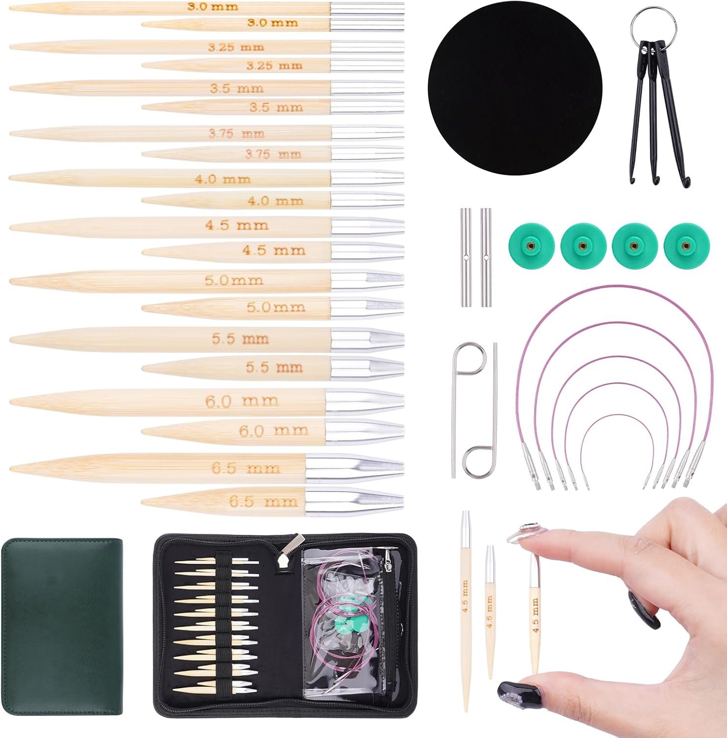 BsHooker Circular Knitting Needles Set with Case,10 Pairs Interchangeable Bamboo Knitting Needles with 5 Flexible Cables 3mm-6.5mm,Short Circular Needles 38Pcs