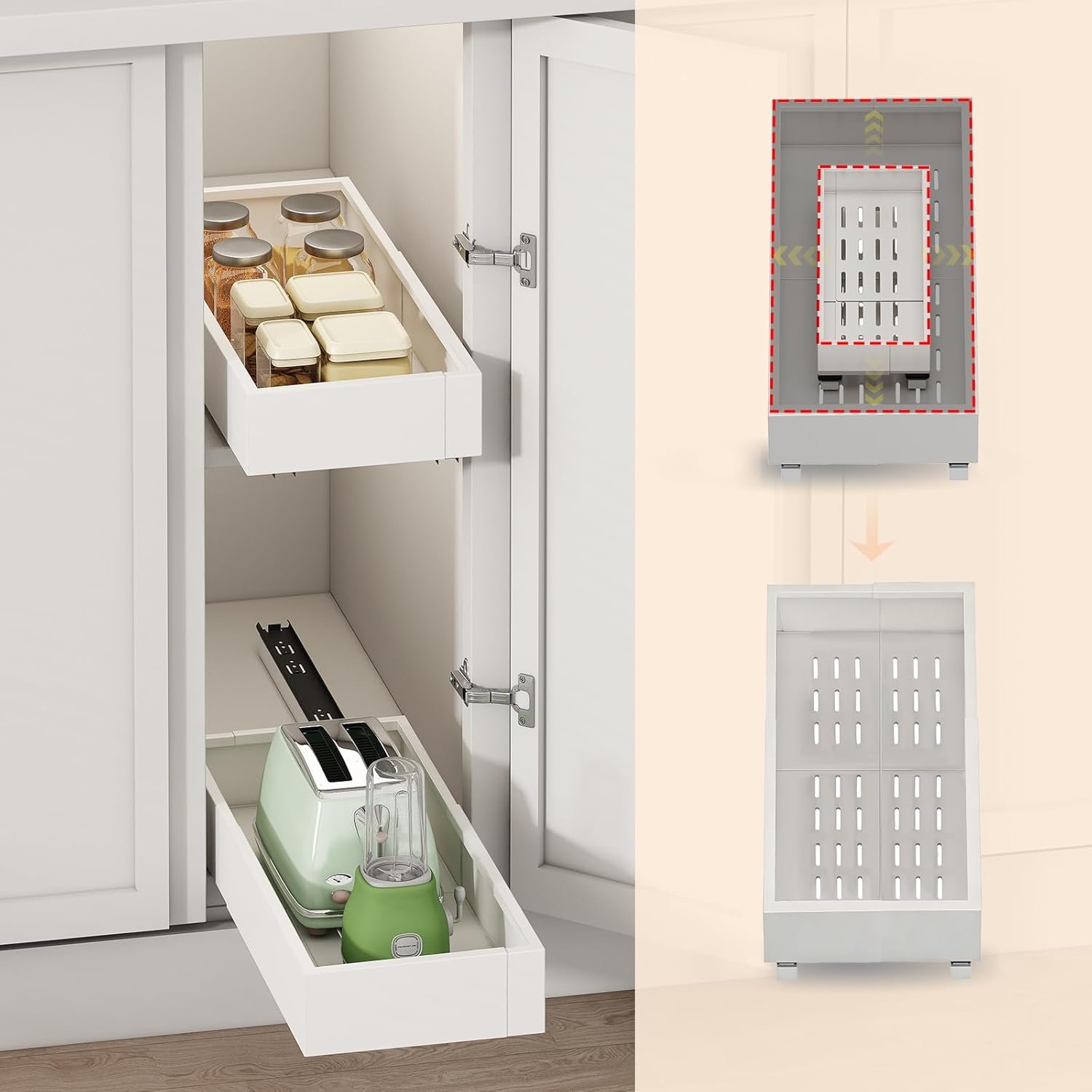 2Pc Pull out Cabinet Organizer,Width (7″-11″) and Depth(17″-24″),Expandable,Cabinet Roll out Drawers,Adjustable Slide out shelves for Kitchen and Pantry,for Cabinets Without Lip,White