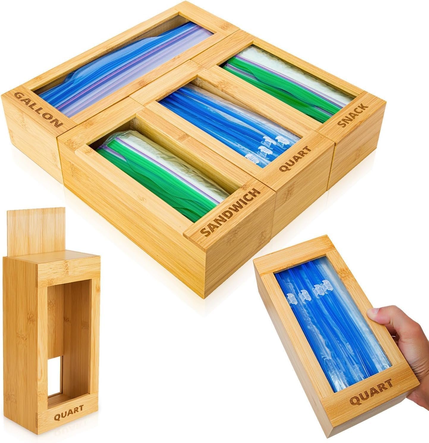 mHomeAid Bag Storage Organizer – Bamboo Food Plastic Baggie Holder, Dispenser, and Container for Kitchen Drawer – Fits Ziplock and Ziploc Gallon, Quart, Sandwich & Snack Sized Slider Bags (Bamboo)