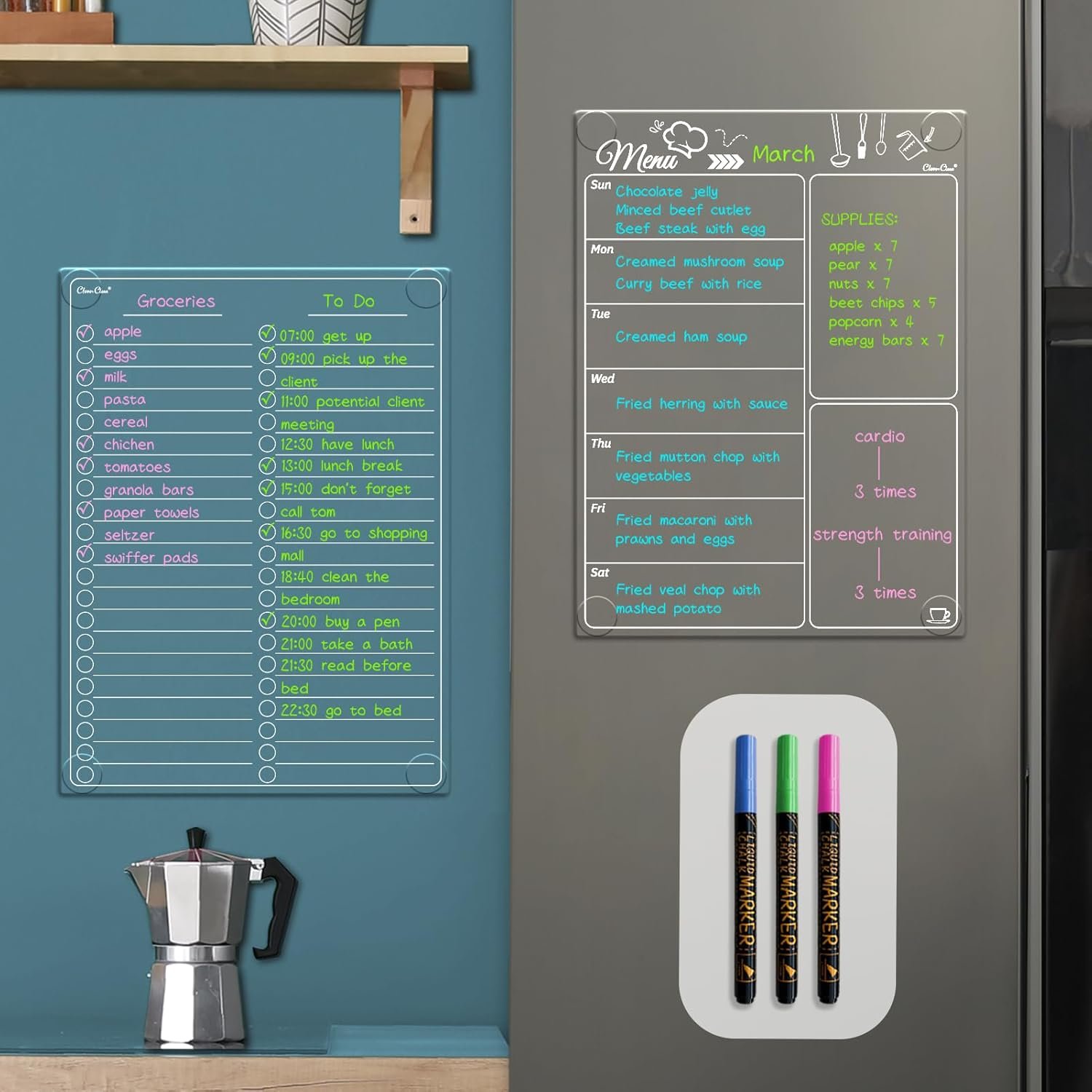 Clear Non-Magnetic Meal Planner Set for Fridge – Dry Erase Transparent Menu and List Board – Sticks to Wall, Glass, Door, Any Smooth Surfaces