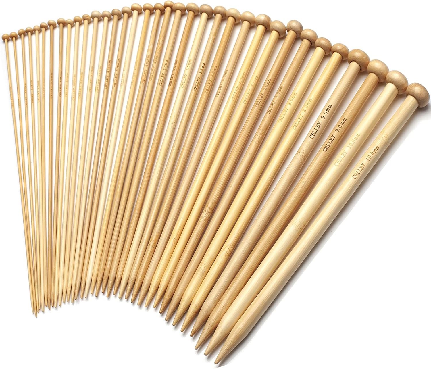 Bamboo Knitting Needles Set, 18 Pairs 14 Inch Long Wooden Knitting Needles for Beginners, US Size 0-15 (2.0-10.0mm) Single Point Straight Wood Needles for Sweaters, Socks, Shawl, Gloves and Scarf