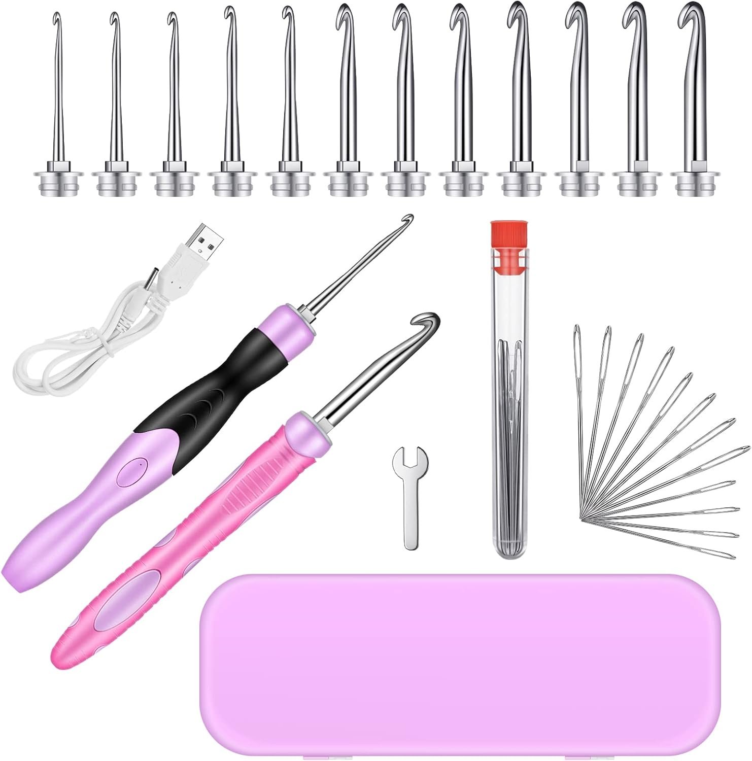 MTLEE Lighted Crochet Hooks Set USB Rechargeable Crochet Hook Metal 2 mm to 8 mm 12 Size Interchangeable Heads Light Large Eye Blunt Needles with Case for DIY Craft Supplies Beginners Yarn Knitting