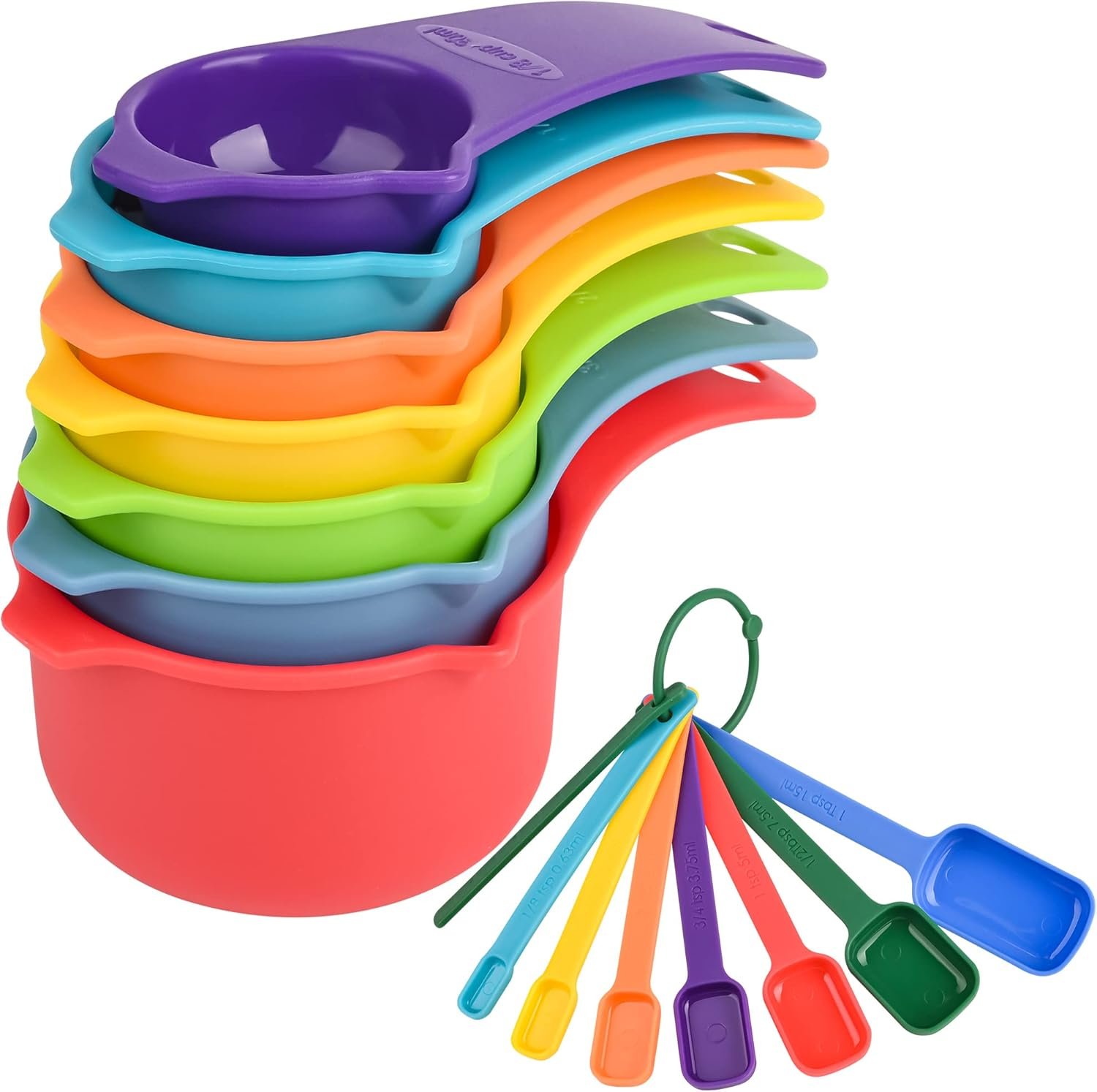 Measuring Cups and Spoons Set of 15, Plastic Measuring Cups and Spoons for Baking&Kitchen, Engraved Metric/US Markings for Liquid&Dry Measuring, BPA Free, Colorful Measure Cup & Spoon Set