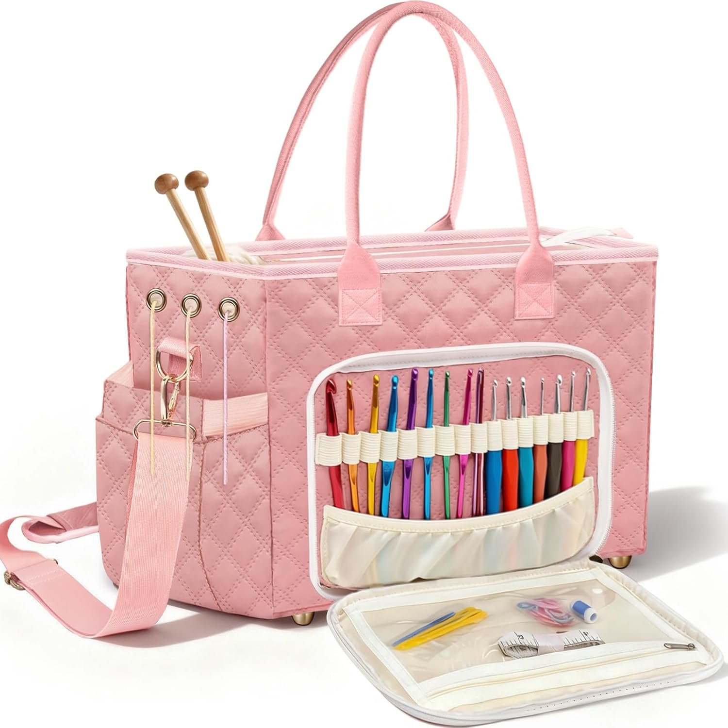 Crochet Bag Yarn Storage, Large Knitting Tote with Padded Crochet Hook Organizer, Tote with Multiple Compartments for Crochet Lovers, Knitting Accessories, Unique Valentines Gifts for Her