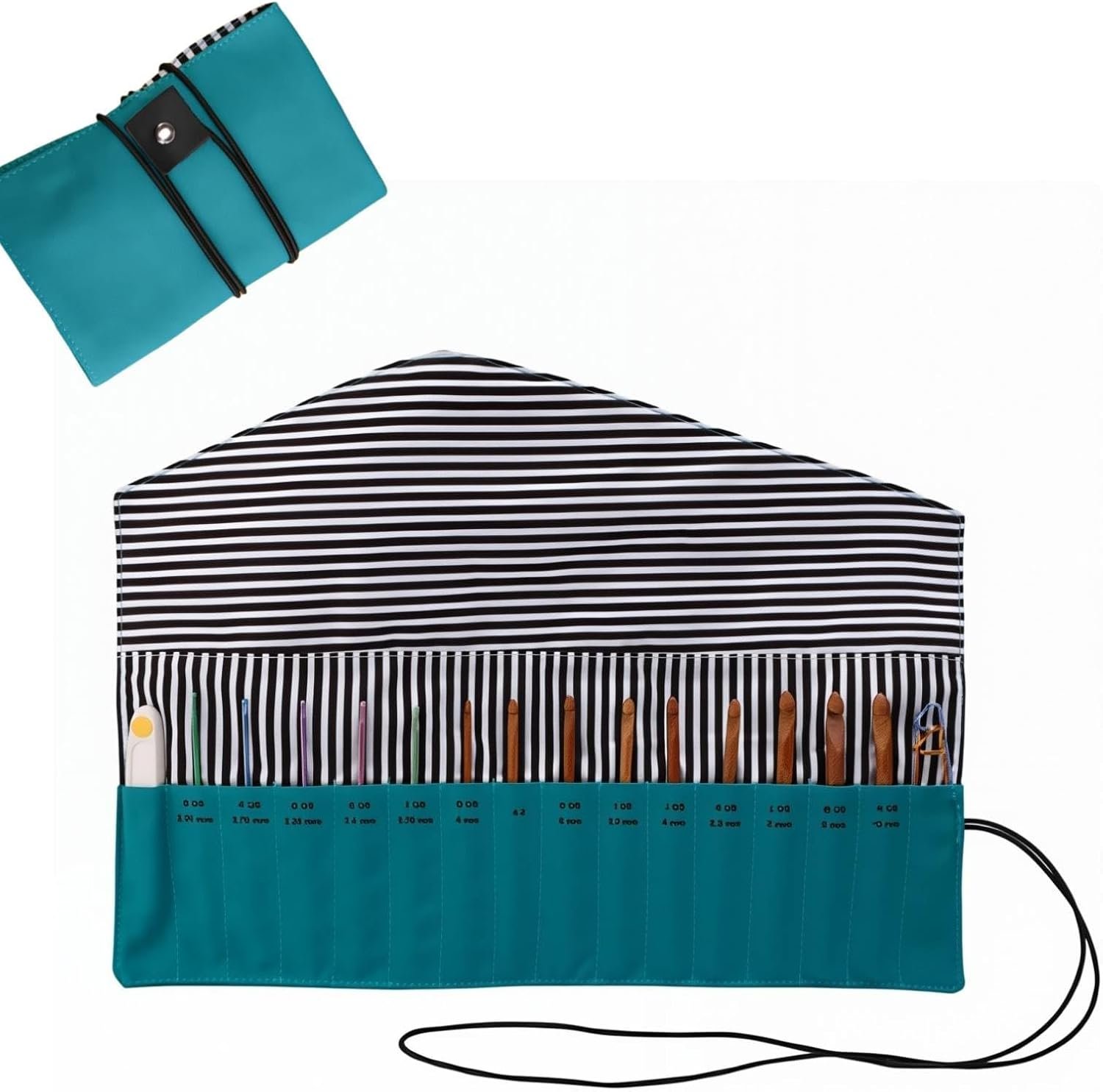 HERCHR Crochet Hook Case Holder Organizer, Portable Roll up Crochet Hook Organizer Oxford Cloth Knitting Needle Case with Clasp for Straight and Circular Needles, 10.43×13.38 Inches Unfolded