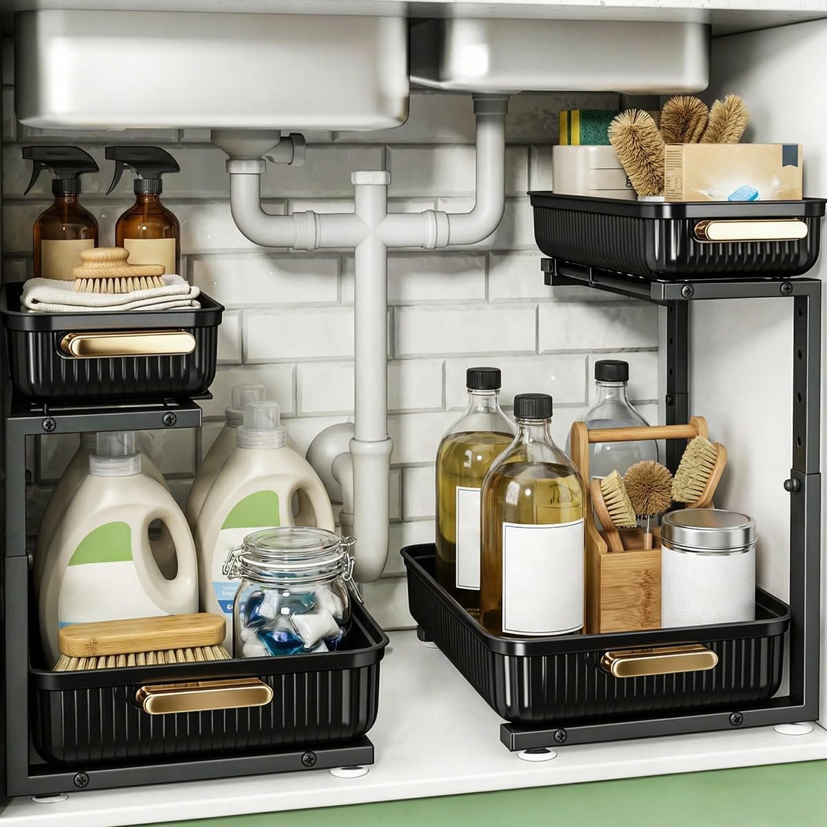 ARSTPEOE Under Sink Organizer – 2 Packs Multi-Purpose Pull-Out Storage Organizers, Slide out Pull out Metal Cabinet Organizer Shelf, Storage for Kitchen Bathroom, Black