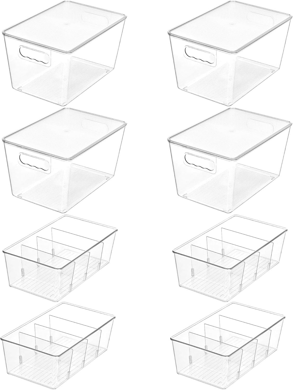 Vtopmart 4+4 Pack Clear Plastic Storage Bins Set – 4 Large Pantry Organizer Bins with Lid and Handle + 4 Medium 4-Compartment Food Storage Bins for Pantry, Kitchen, Fridge, Cabinet Organization