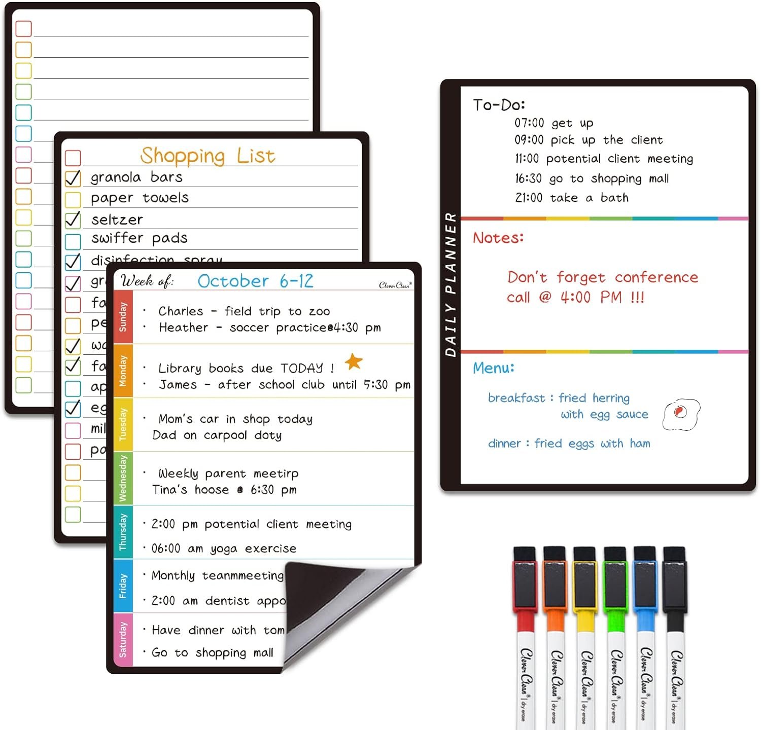 Magnetic Dry Erase List Board – 6.5″x8.5″ Weekly, Daily, 2 List Boards for Fridge – 6 Extra Fine Point Markers Included – Shipped Flat