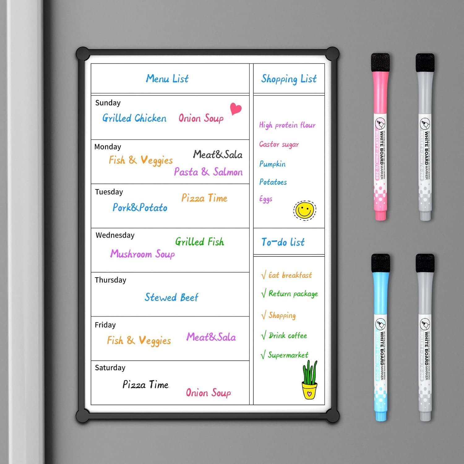Weekly Calendar for Fridge,12×8” Magnetic Fridge Calendar Refrigerator Calendar, Weekly Meal Planner Magnetic, Menu Board, Double-Sided, Grocery List, Menu Planner for Refrigerator/Locker, 4 Markers