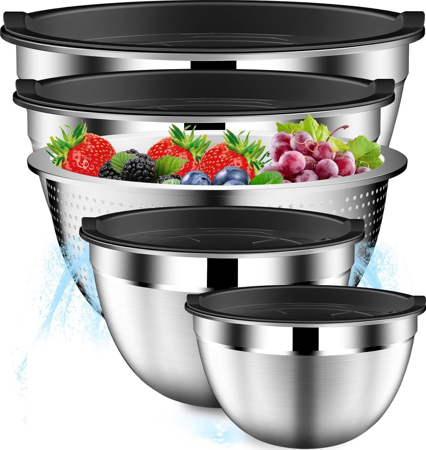 DUTZUN Mixing Bowls with Lids Set, Stainless Steel Mixing Bowls with Colander, Strainer with Mixing Bowl Set, Serving Bowl Kitchen Gift, Size 4.5, 2.5, 2, 1.5QT – Black