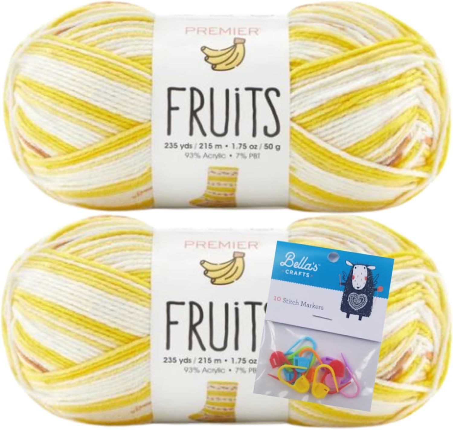 Premier Yarns Fruits, Acrylic Sock Yarn, 2-Pack Bundled with Bella’s Crafts Stitch Markers (Banana)