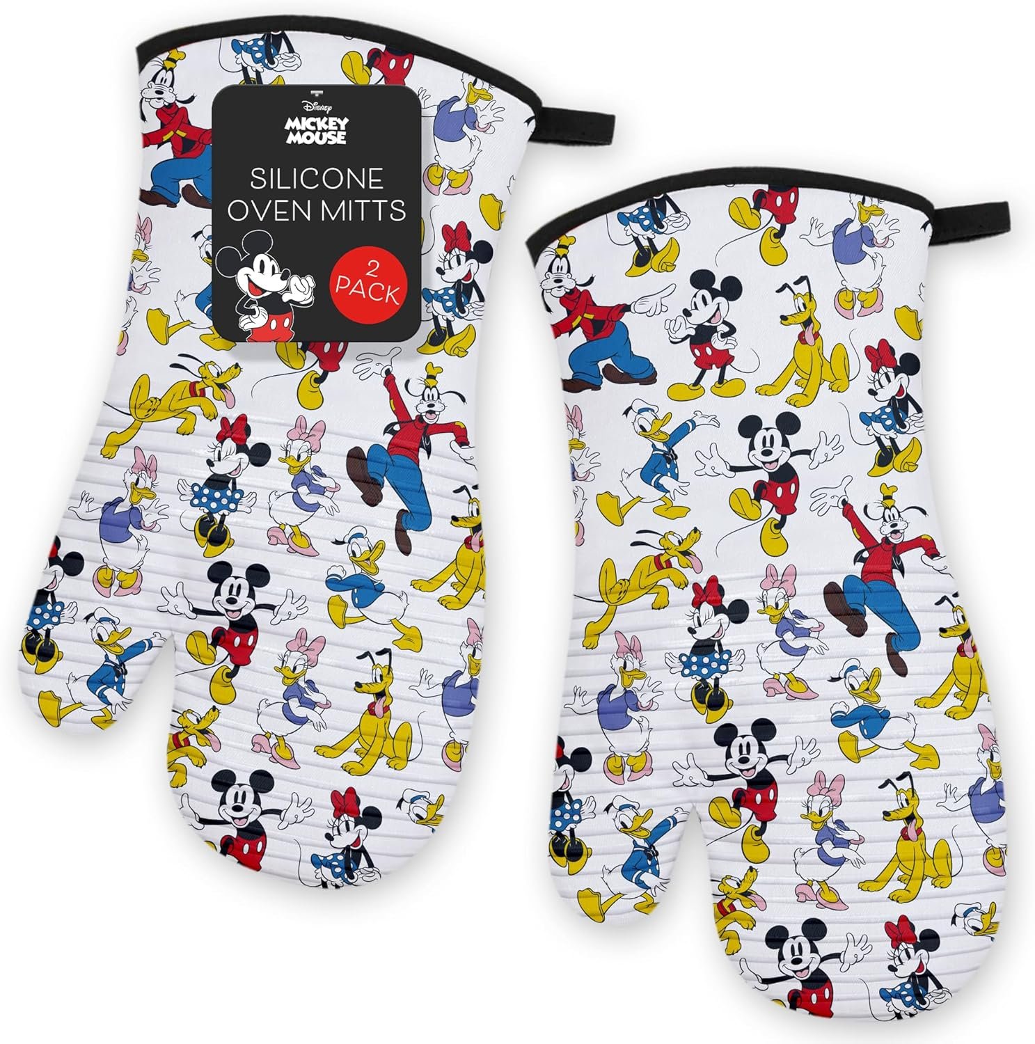 Disney Silicone Oven Mitts Heat Resistant – Set of 2 Long Cuff Cotton Kitchen Mitts with Silicone Grip Stripes, Cute Oven Mitts & Pot Holders for Cooking, Baking & Kitchen Essentials –Mickey & Friends