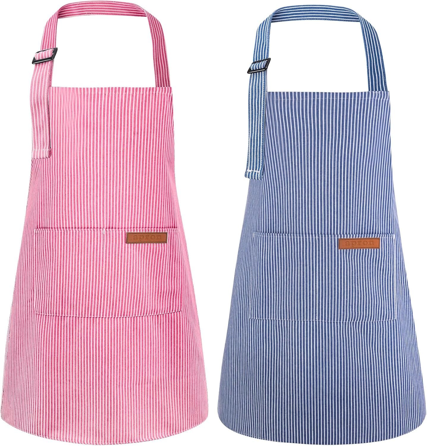 2 Pack Stripes Kids Apron, Kids Cooking Aprons with 2 Pockets, Cute Aprons for Cooking for Boys and Girls