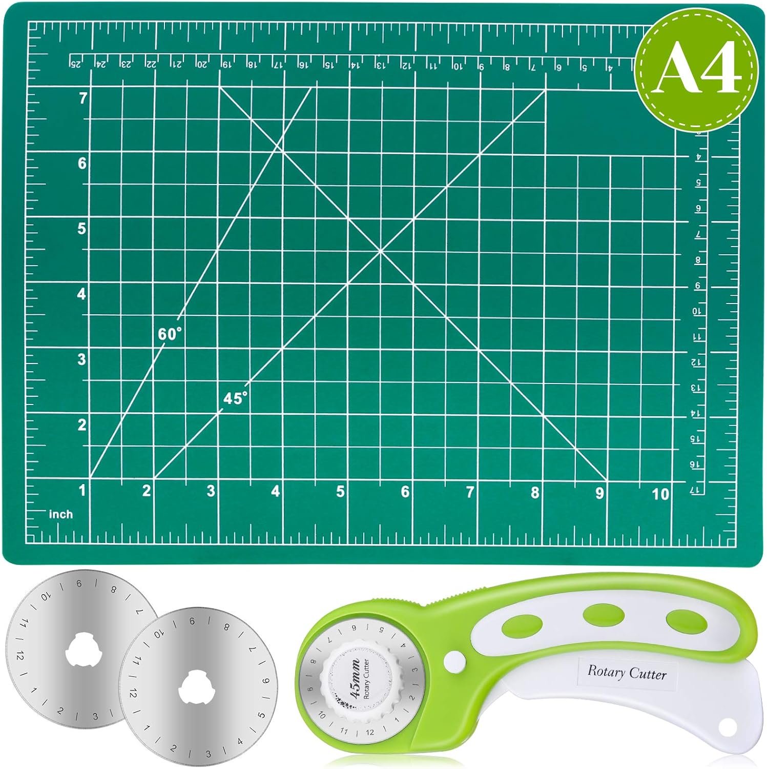 Rotary Cutter Set, Audab Self Healing Sewing Mats Rotary Cutter and Mat 45mm Rotary Fabric Cutter Set with 2 Blades Rotary Cutting Mat for Crafts Fabric Quilting Hobby (9″ x 12″ (A4))