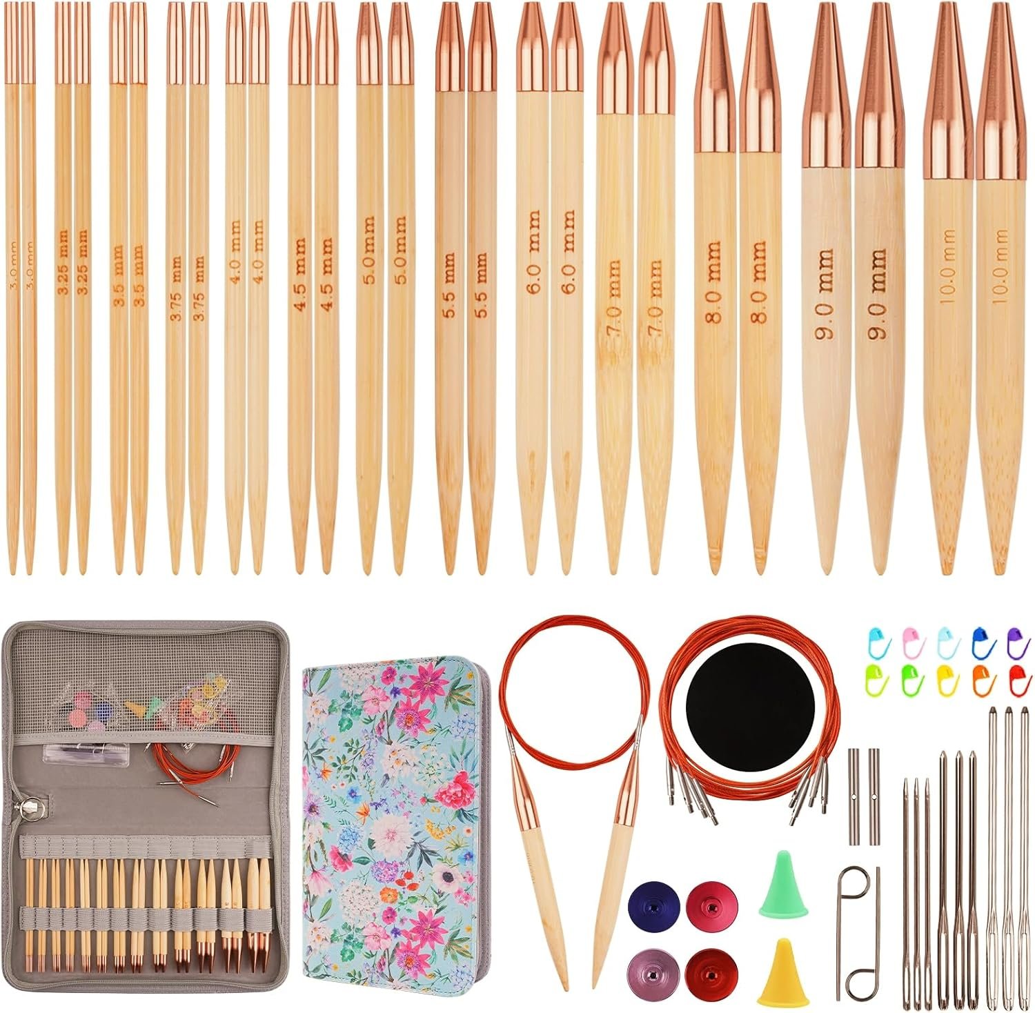WAZAIGUR Knitting Needles Set, Interchangeable Bamboo Circular Knitting Needles Set, 3mm 3.25mm 3.5mm 3.75mm 4mm 4.5mm 5mm 5.5mm 6mm 7mm 8mm 9mm 10mm Knitting Needles, 13 Pairs