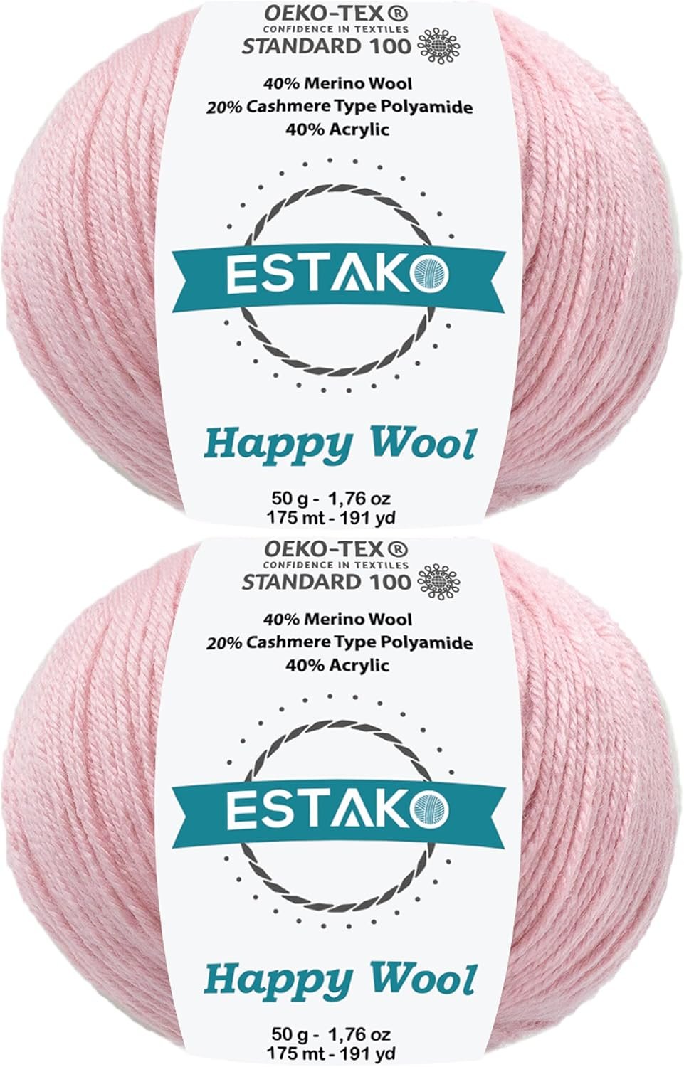 Estako Happy Wool (2 Skeins Pack) 40% Merino Wool 20% Cashmere Type Polyamide 40% Acyrlic Fingering Weight Soft Knitting and Crochet Yarn (2 x 1.76 oz) (2 x 191 yds) (8036 – Baby Pink)