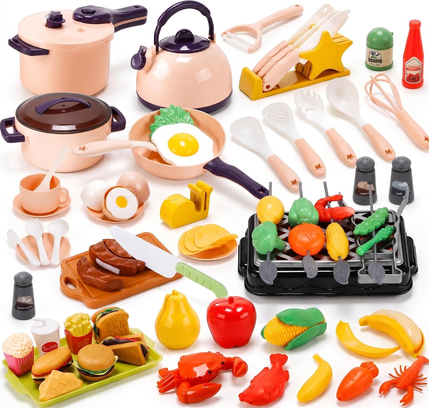 CUTE STONE 73PCS Kids Kitchen Playset with Play Kitchen Accessories, Toy Pots and Pans, Pretend Food & Play BBQ Grill, Kids Cooking Set for Toddlers, Educational Learning Gift for Girls Boys