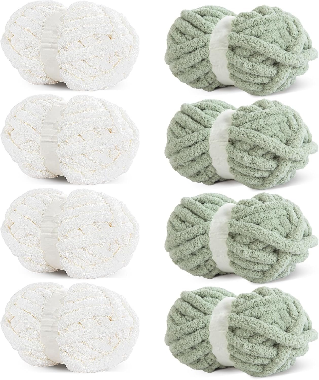 HOMBYS Chunky Chenille Yarn for Crocheting, Super Bulky Jumbo Yarn for Hand Knitting, 3/4″ Thick Soft Plush Yarn for Blankets, 8 Skein Pack (27 yds / 8 oz Each), Multi Assorted White Sage Green