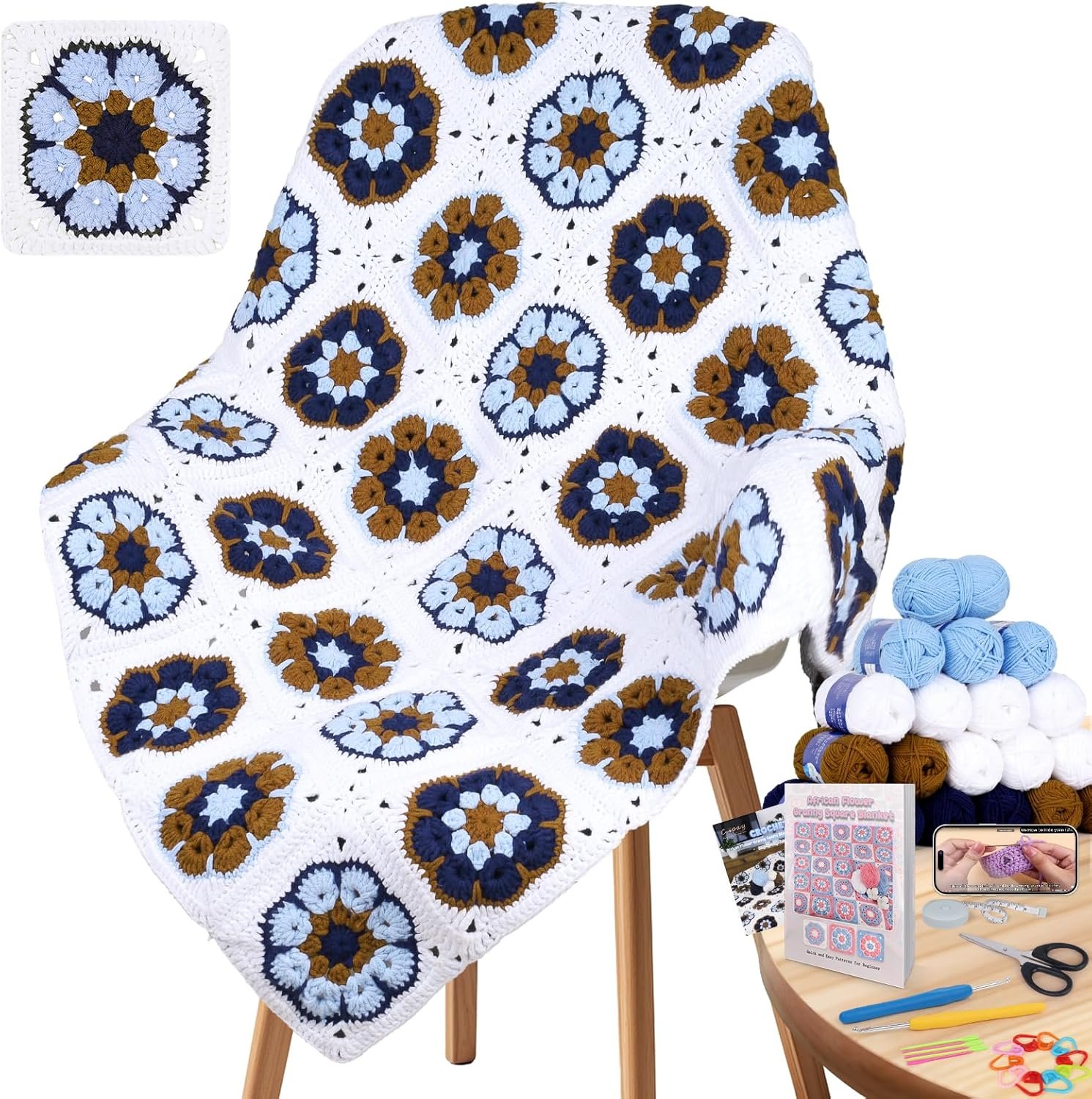 Coopay Crochet Blanket Kit for Beginners, All-in-One Granny Square Blanket Kit with Step-by-Step Video & Enough Yarns – Master Granny Square Crocheting Easily, Ideal Gift for Craft Lovers (Mocha Blue)