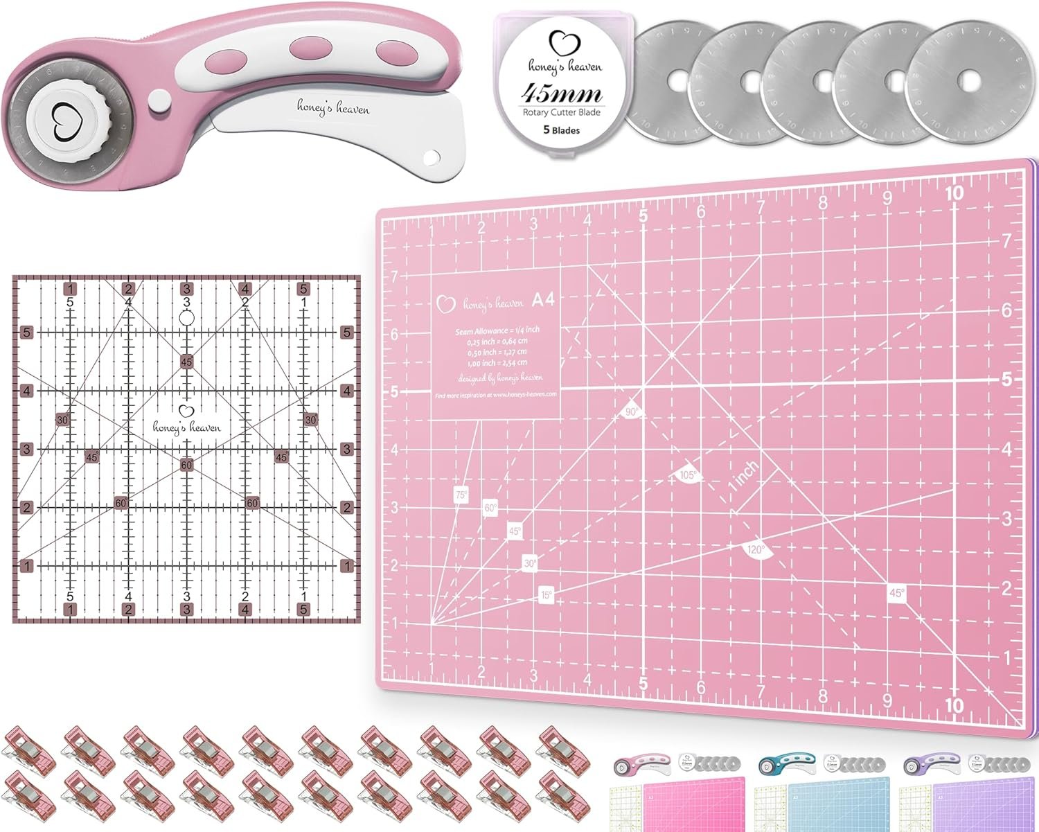 Rotary Cutter Set – Quilting Kit incl. 45mm Fabric Cutter, 5 Replacement Blades, A4 Cutting Mat, Acrylic Ruler and Craft Clips – Ideal for Crafting, Sewing, Patchworking, Crochet & Knitting (Pink, A4)