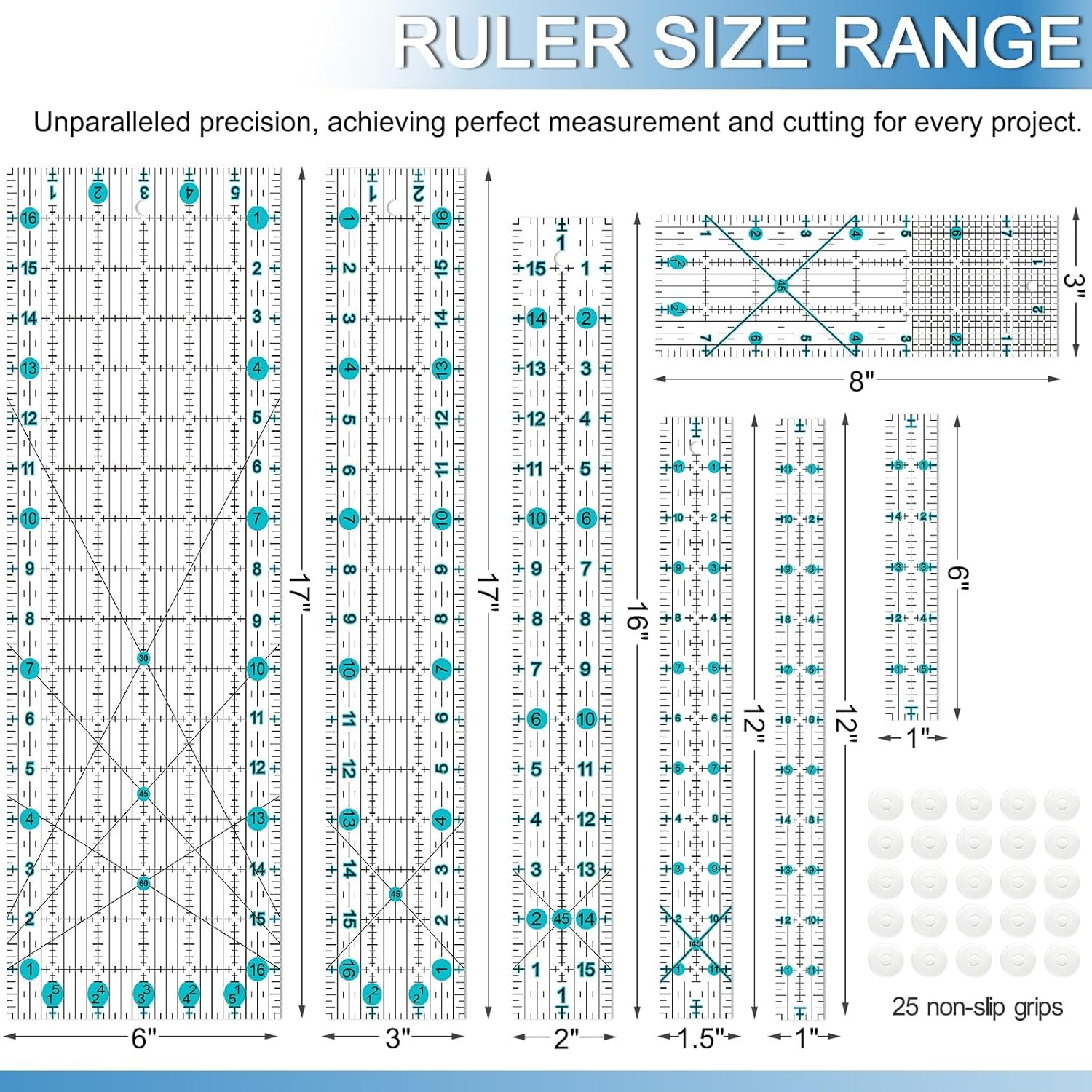 Quilting Ruler, Sewing Ruler, 8 Pack, Acrylic Quilting Templates(6″x17″, 3″x17″, 2″x16″, 1.5″x12″, 1″x12″, 1″x6″, 8″x3″), Non Slip Rings 25 Pieces, Sewing and Quilting Supplies – Clear/Blue