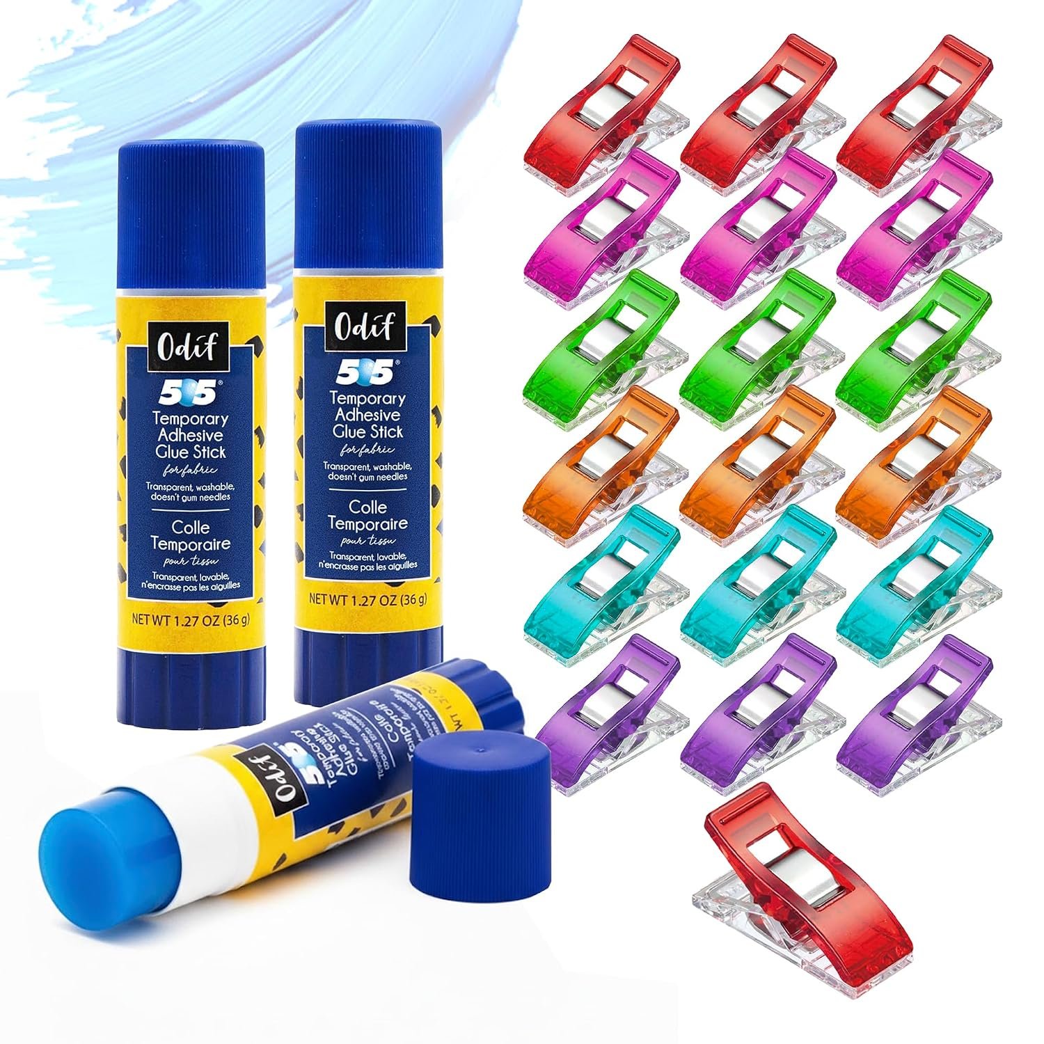 505 Temporary Fabric Glue Sticks (3-Pack) with 20 Pixiss Fabric Clips – Perfect for Sewing, Quilting, Appliqué, and Crafting Projects – Repositionable Adhesive for Fabrics, Fast Drying