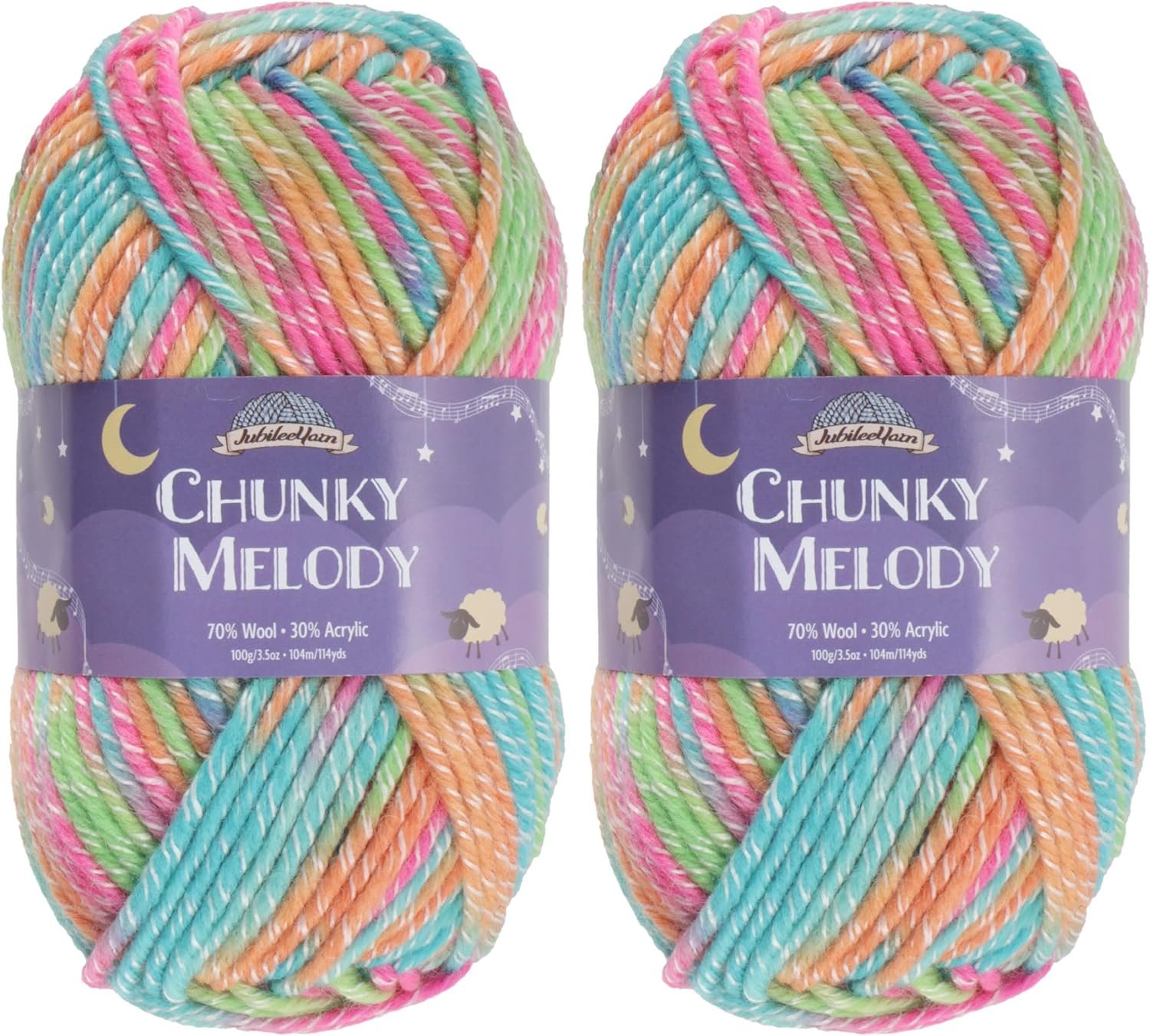 JubileeYarn Chunky Melody Yarn – 100g/Skein Bulky Wool Blend – Rainbow Sherbet – 2 Skeins