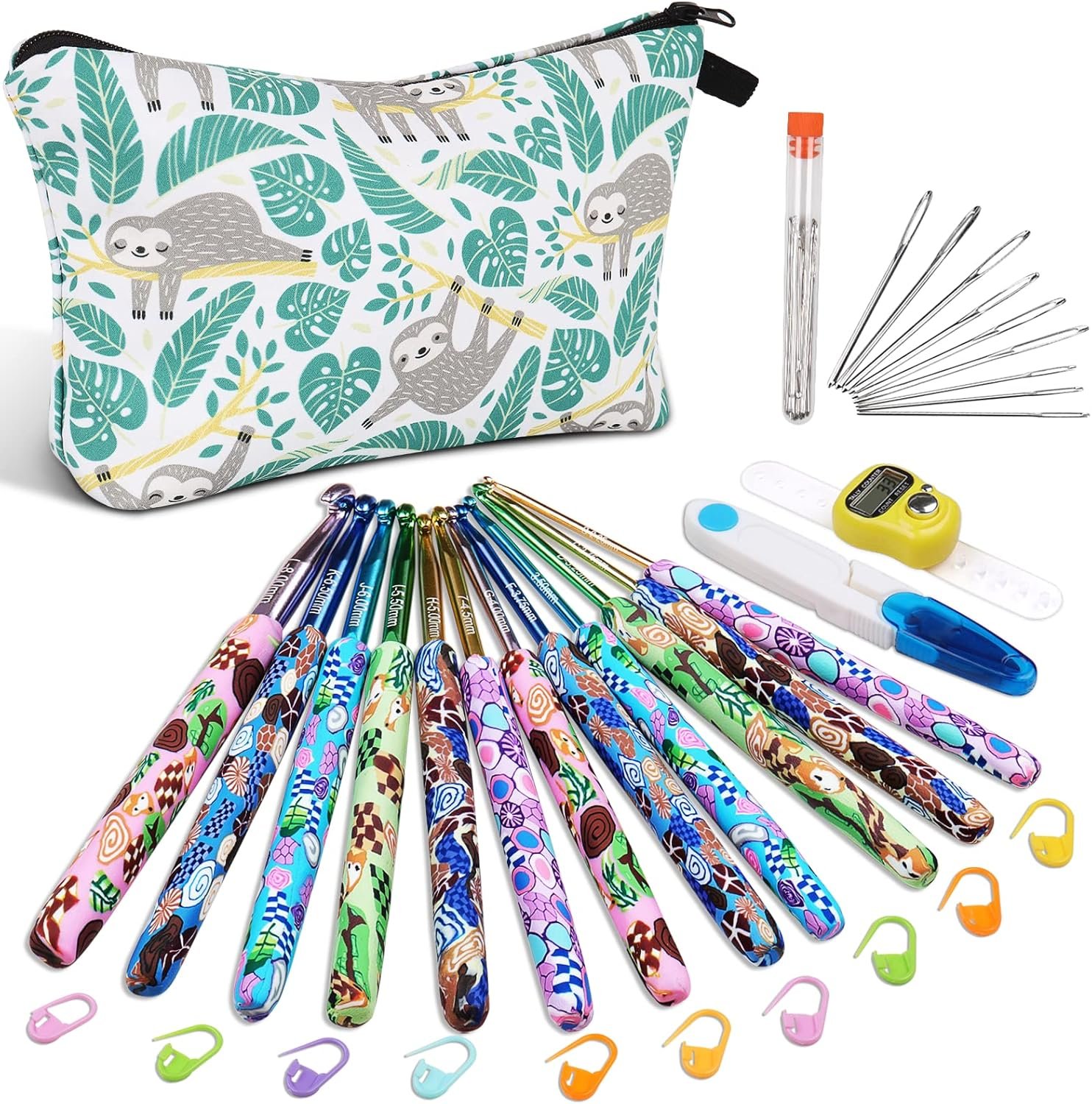 Coopay 12 Sizes Crochet Hooks Set with Case, Comfort & Sturdy Forest Crochet Hooks Ergonomic Soft Grip for Crocheting Yarn, Crochet Counter Track Stitches, Ideal Crochet Starter Kit