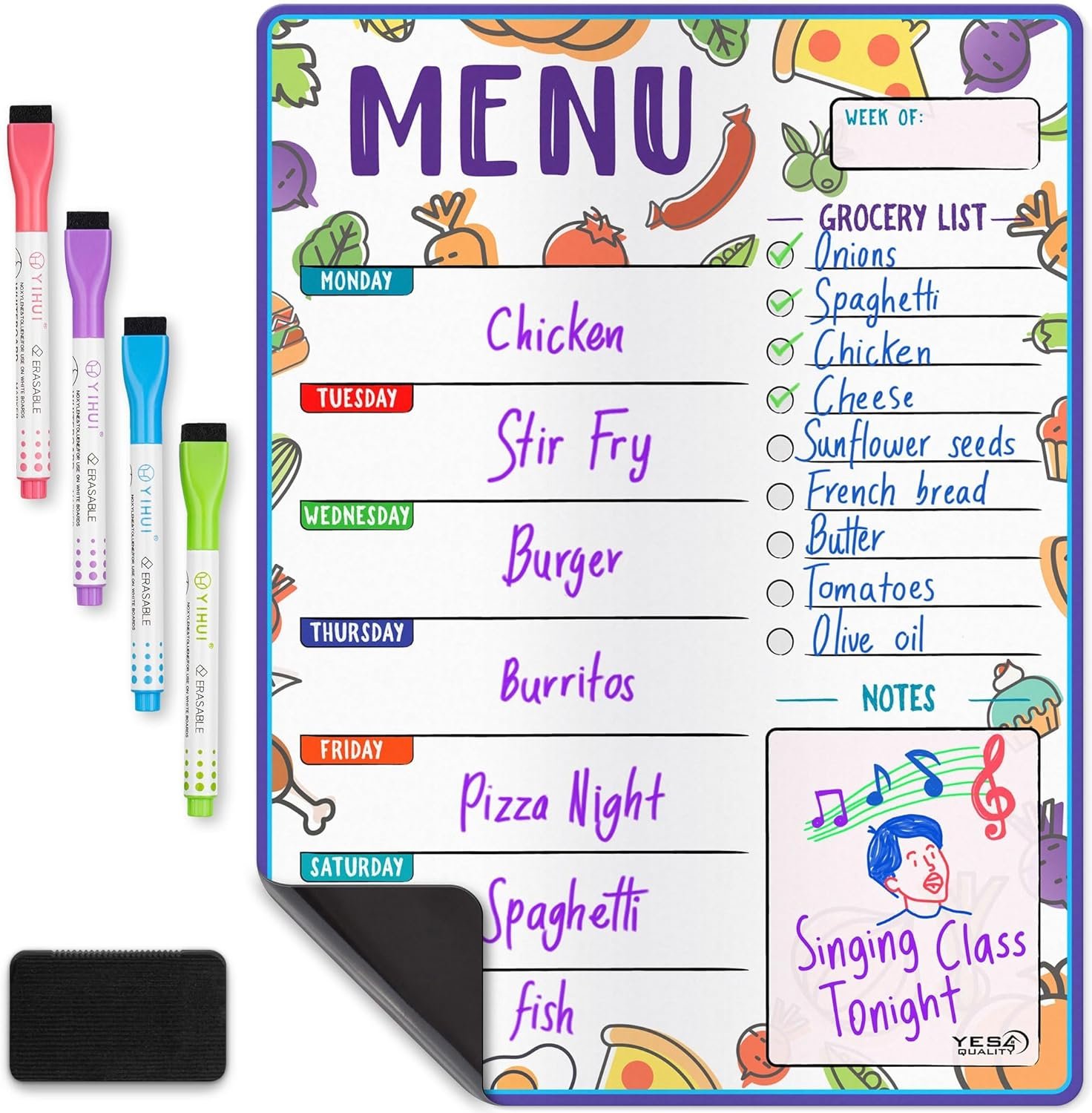 Magnetic Dry Erase Menu Board for Fridge (Fruit, 16×12) – Weekly Meal Planner Whiteboard w/ 4 Magnetic Markers & Eraser – Chalkboard Organizer for Dinner Menus & Grocery Lists by Yes4Quality
