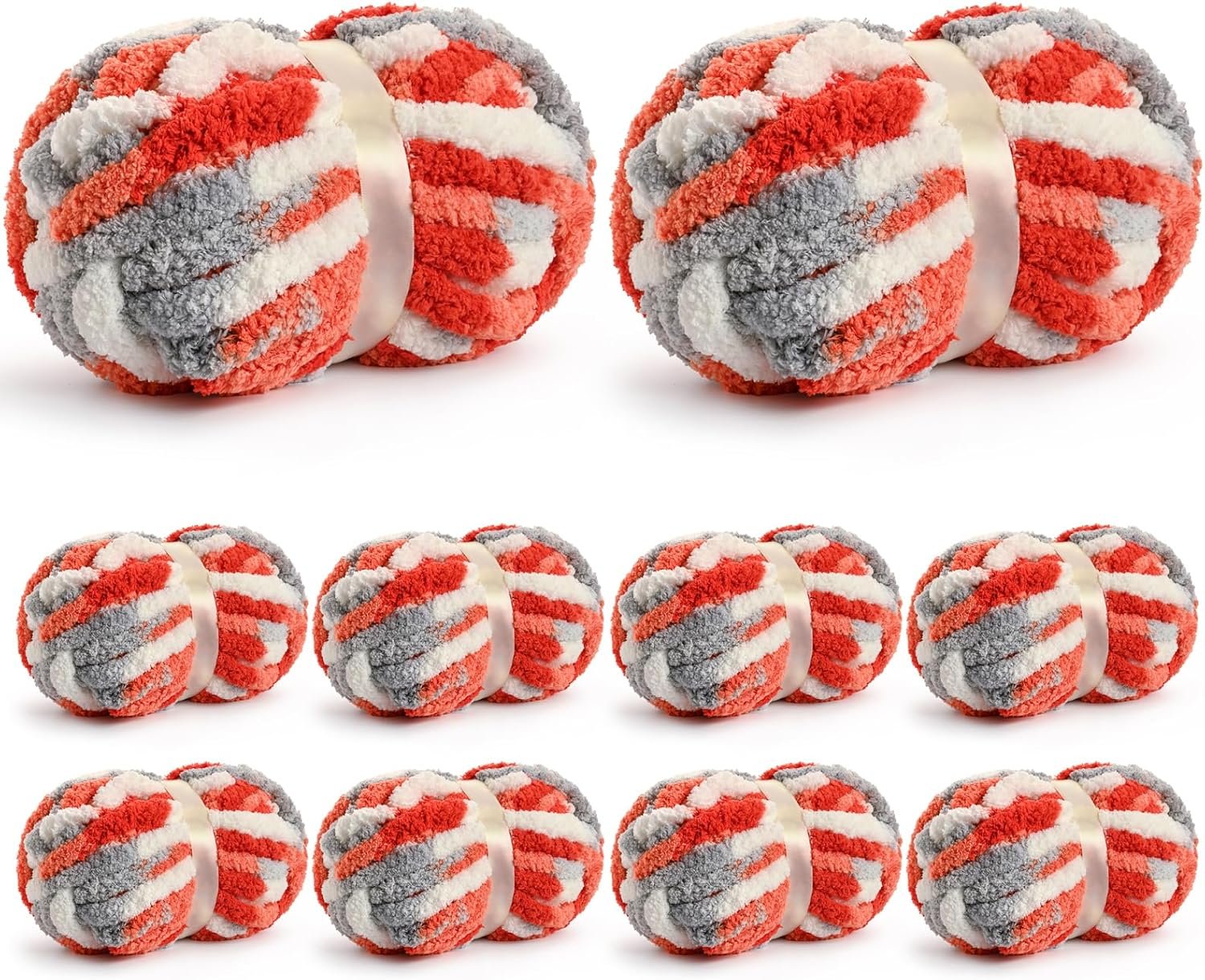 10 Pack Jumbo Chunky Yarn for Hand Knitting, Fluffy Chunky Chenille Yarn for Crocheting, Variegated Chunky Knit Baby Blanket Yarn, 240 yds /70.5 oz Super Bulky Yarn（White-Grey-Orange）