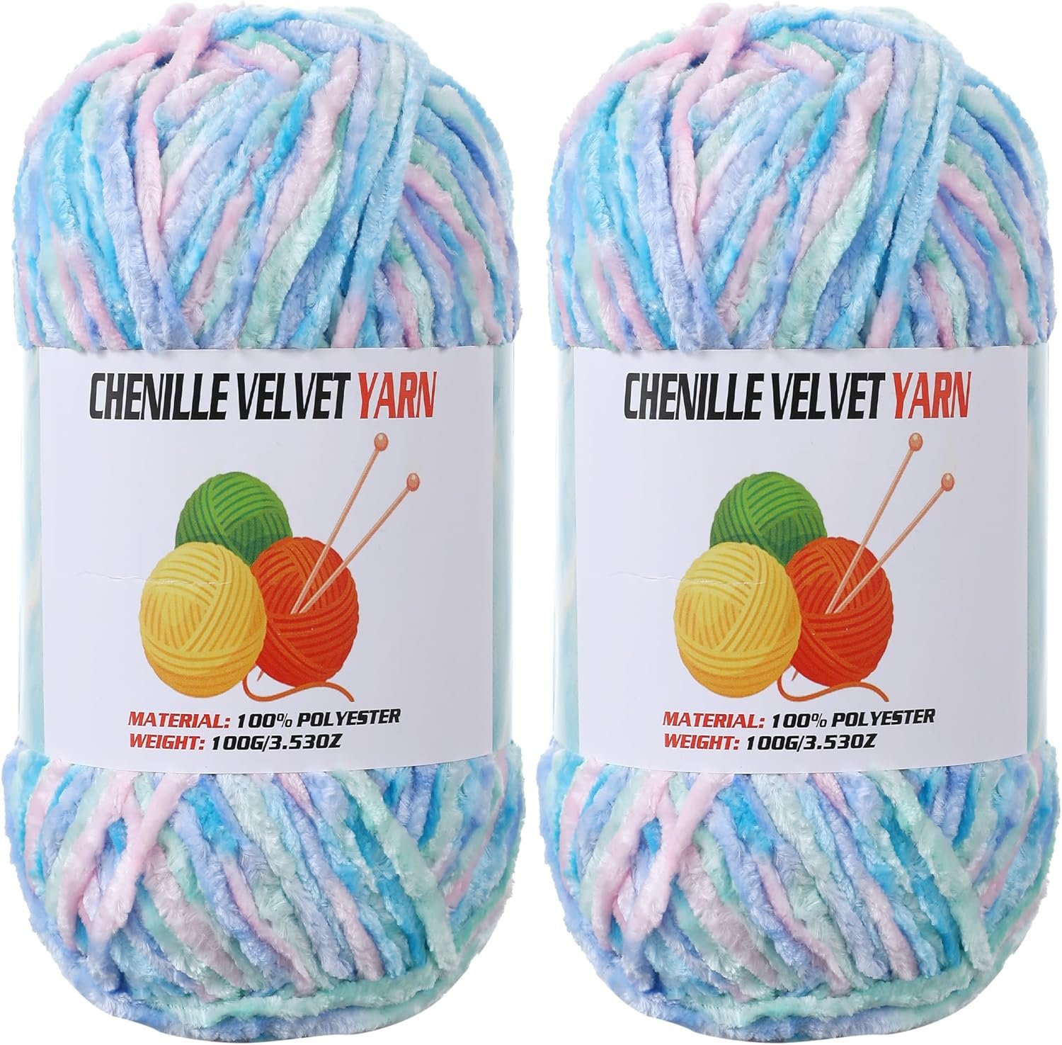 2 * 100g Velvet Chenille Chunky Yarn, Handcrafts Weaving Soft Chenille for Crocheting Clearance, Used for Making Baby Yarn Blanket, Clothes, Knitting Creations (Candy Color)
