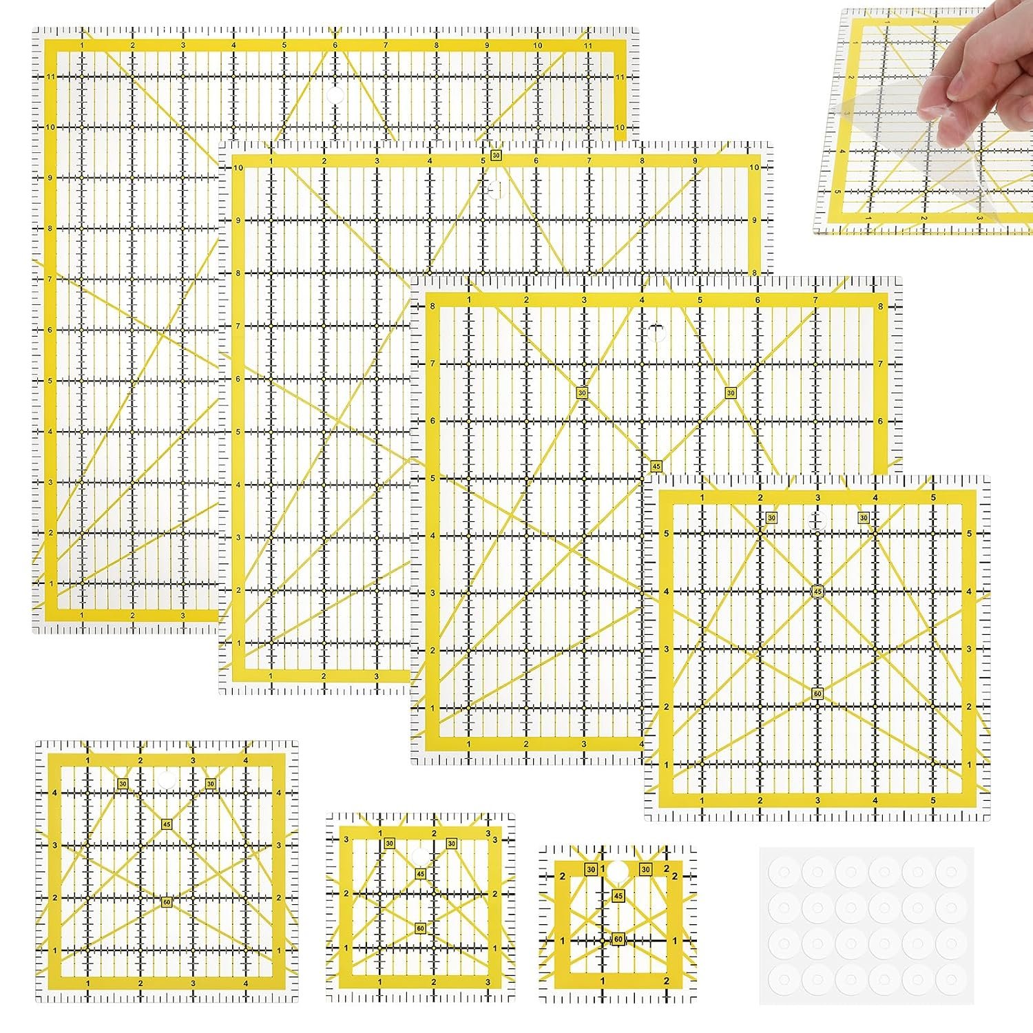 7 Pieces Quilting Rulers Templates, 2.5″,3.5″, 5″,6″, 8.5″, 10.5″,12″ Square Sewing Ruler Fabric Cutting Rulers Acrylic Quilters Ruler with Non-Slip Pads for Quilting and Sewing